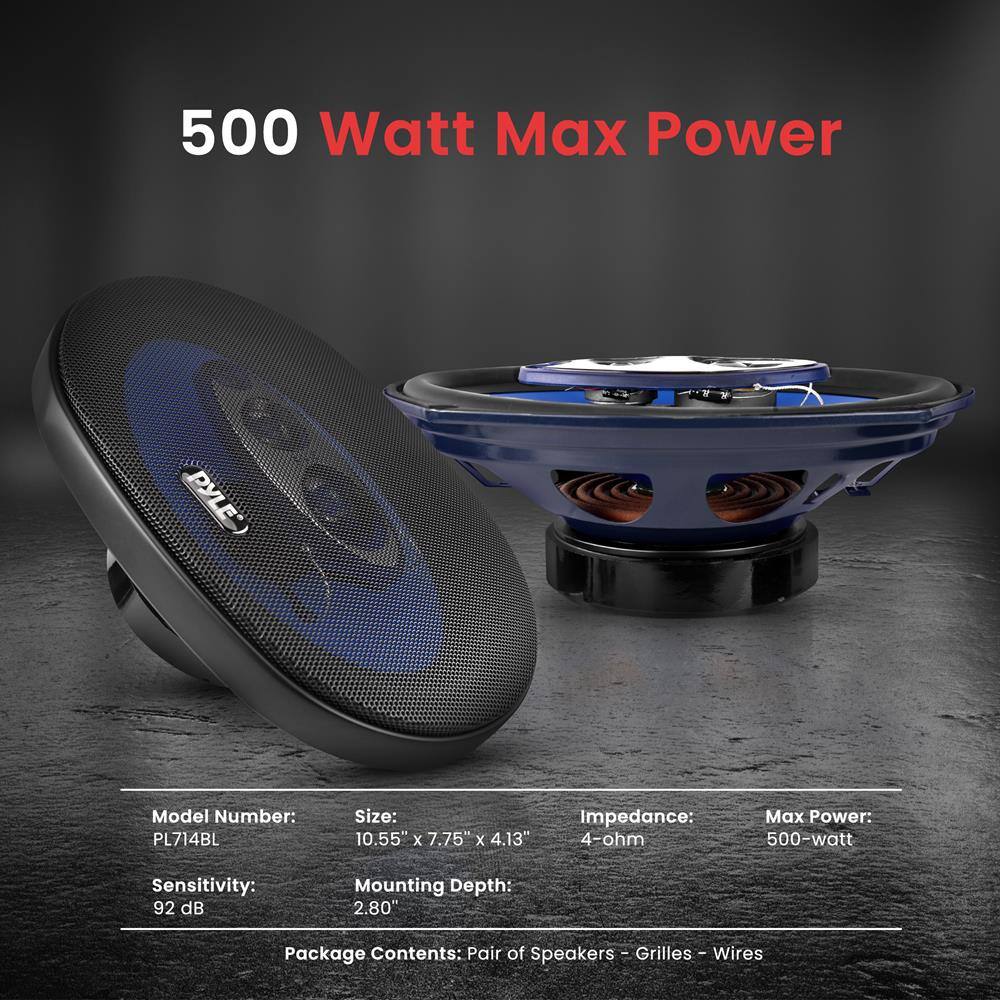 500 Watt Max Power

Model Number: PL714BL  
Size: 10.55" x 7.75" x 4.13"  
Impedance: 4-ohm  
Max Power: 500-watt  
Sensitivity: 92 dB  
Mounting Depth: 2.80"  

Package Contents: Pair of Speakers - Grilles - Wires