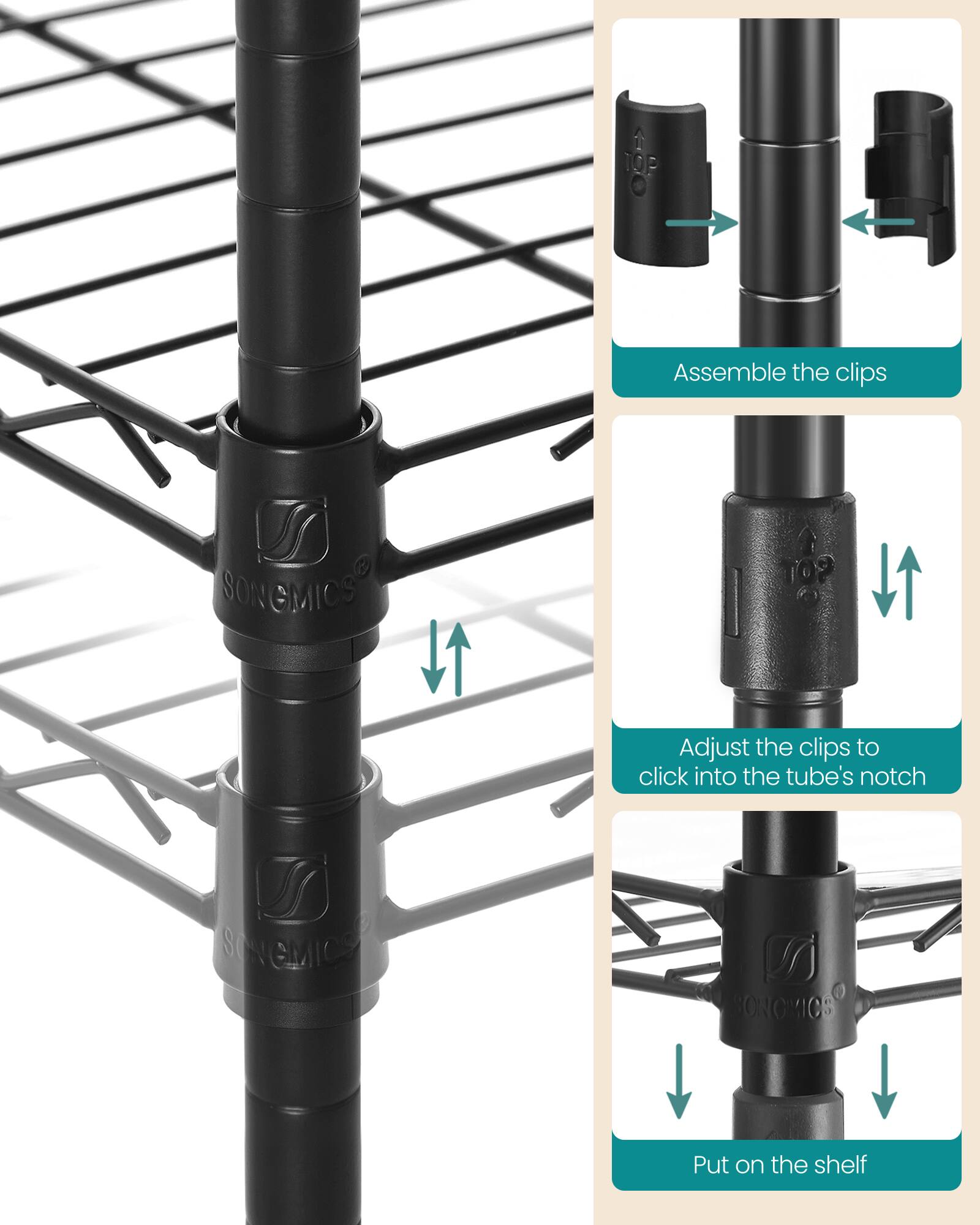 1. Assemble the clips
2. Adjust the clips to click into the tube's notch
3. Put on the shelf