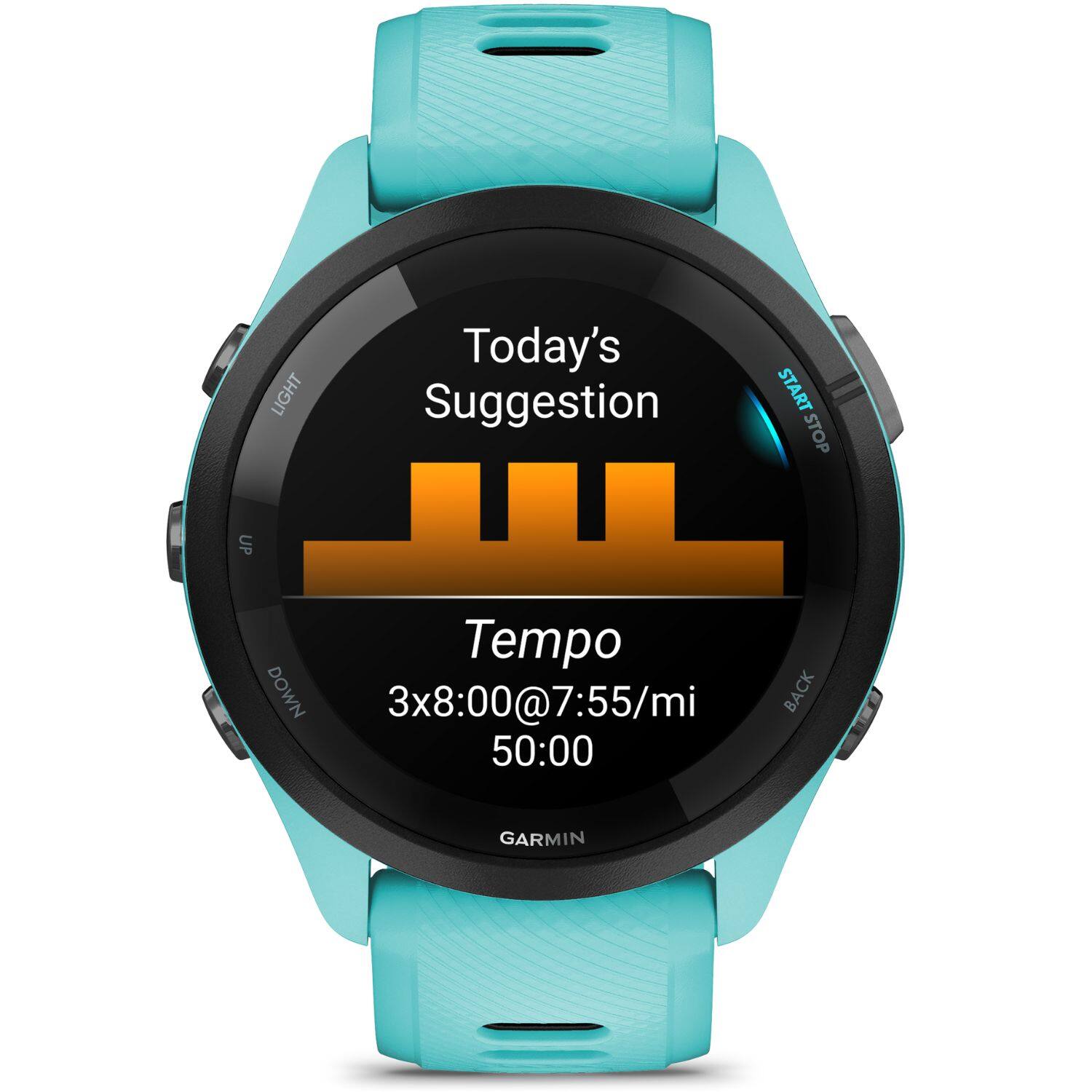 Today's Suggestion  
Tempo  
3x8:00@7:55/mi  
50:00  

LIGHT  
START STOP  
UP  
DOWN  
BACK  

GARMIN
