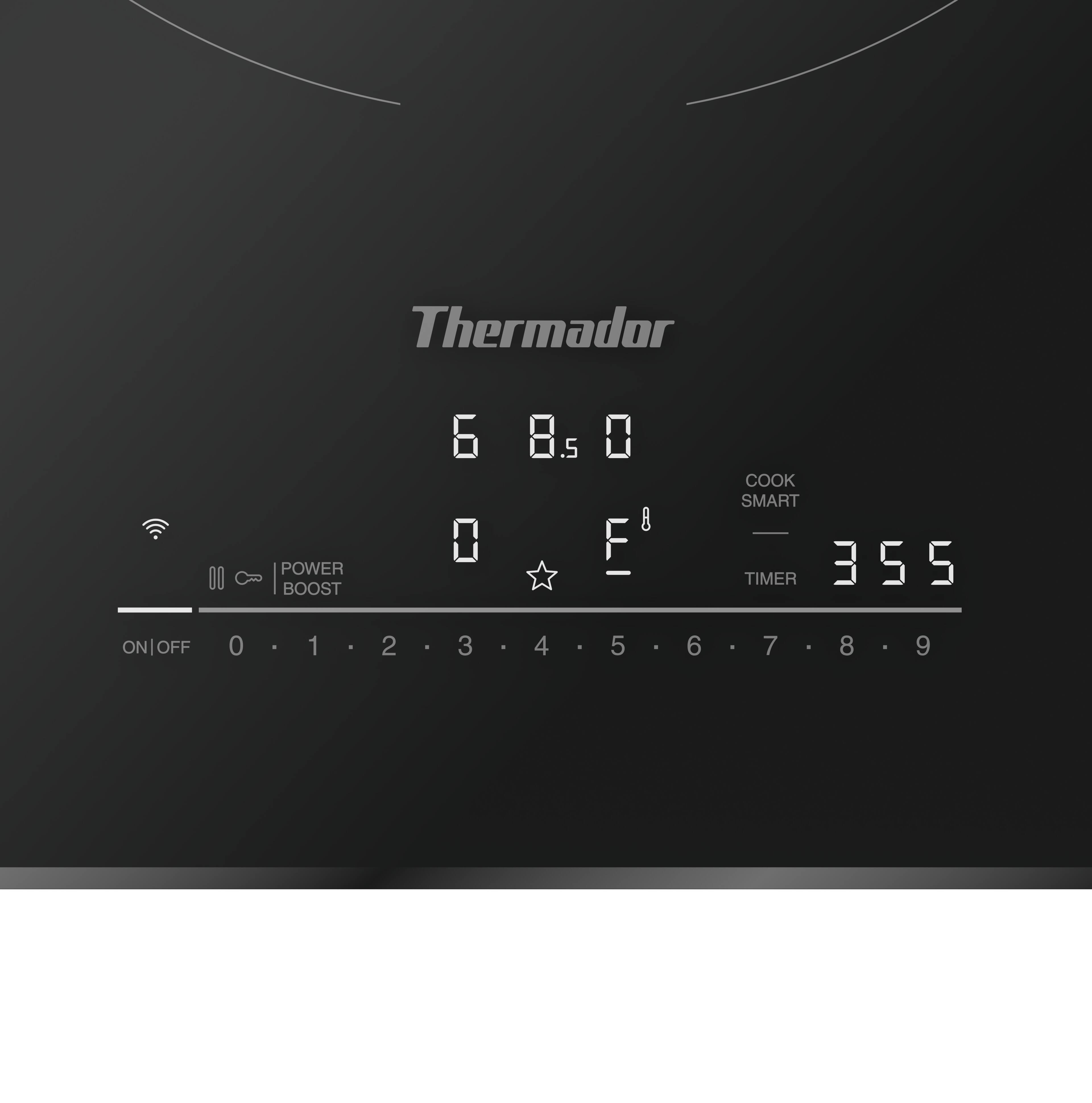 Thermador 00 POWER BOOST 6 8.5 2.8 F - COOK SMART TIMER 355 ON OFF 0 - 1 - 2 - 3 - 4 - 5 - 6 - 7 - 8 - 9