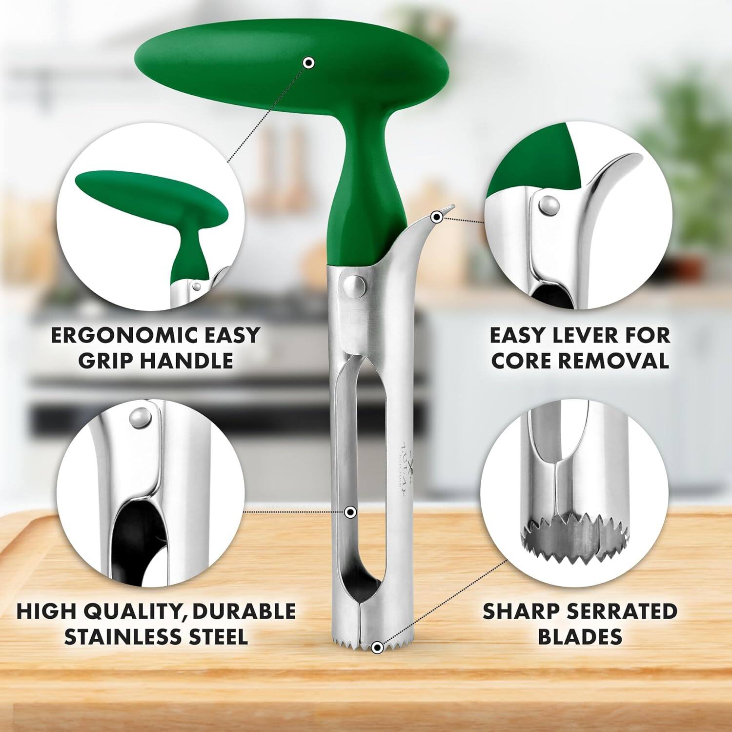 ERGONOMIC EASY GRIP HANDLE  
EASY LEVER FOR CORE REMOVAL  
HIGH QUALITY, DURABLE STAINLESS STEEL  
SHARP SERRATED BLADES