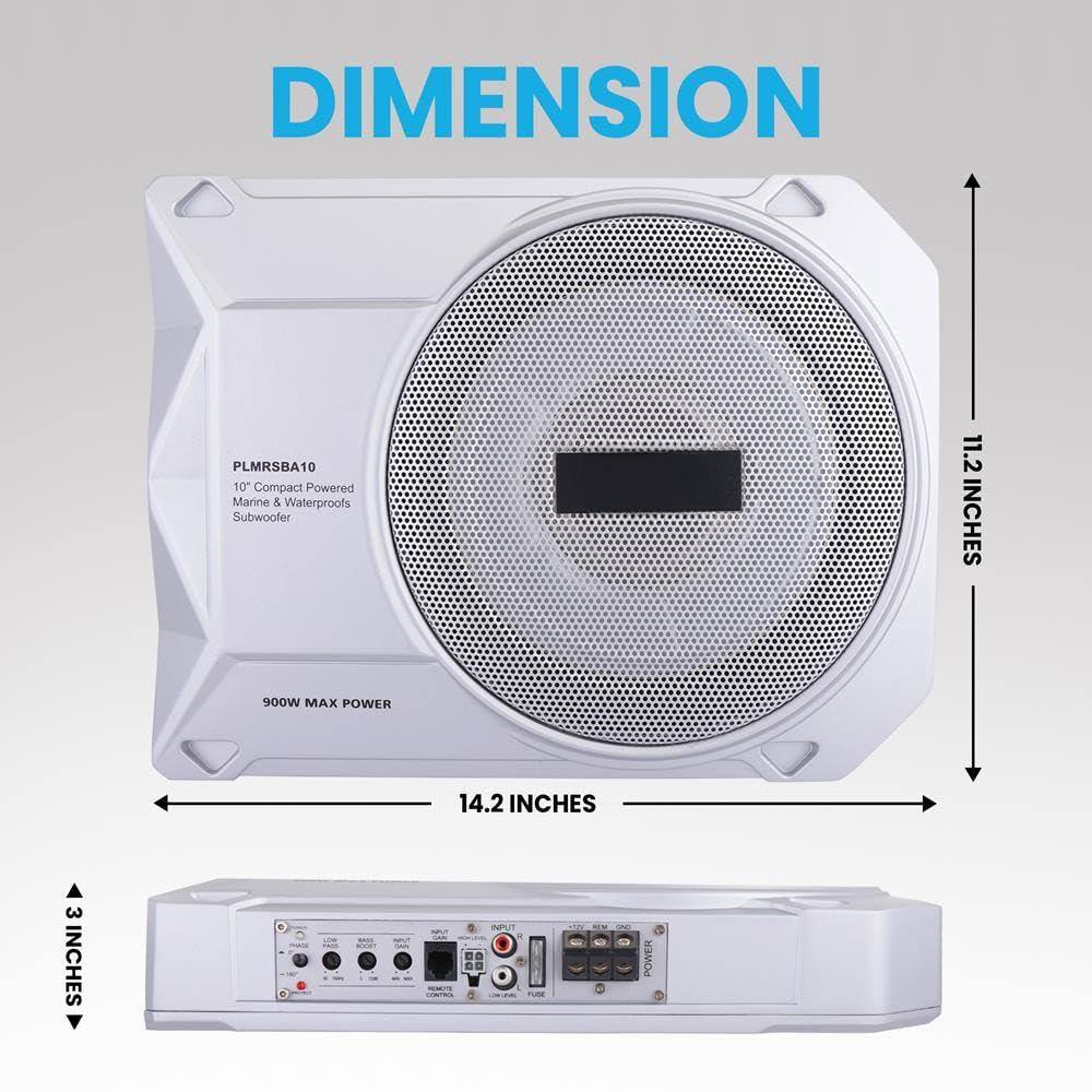 DIMENSION

PLMRSA10  
10" Compact Powered Marine & Waterproof Subwoofer

900W MAX POWER

11.2 INCHES  
14.2 INCHES  
3 INCHES