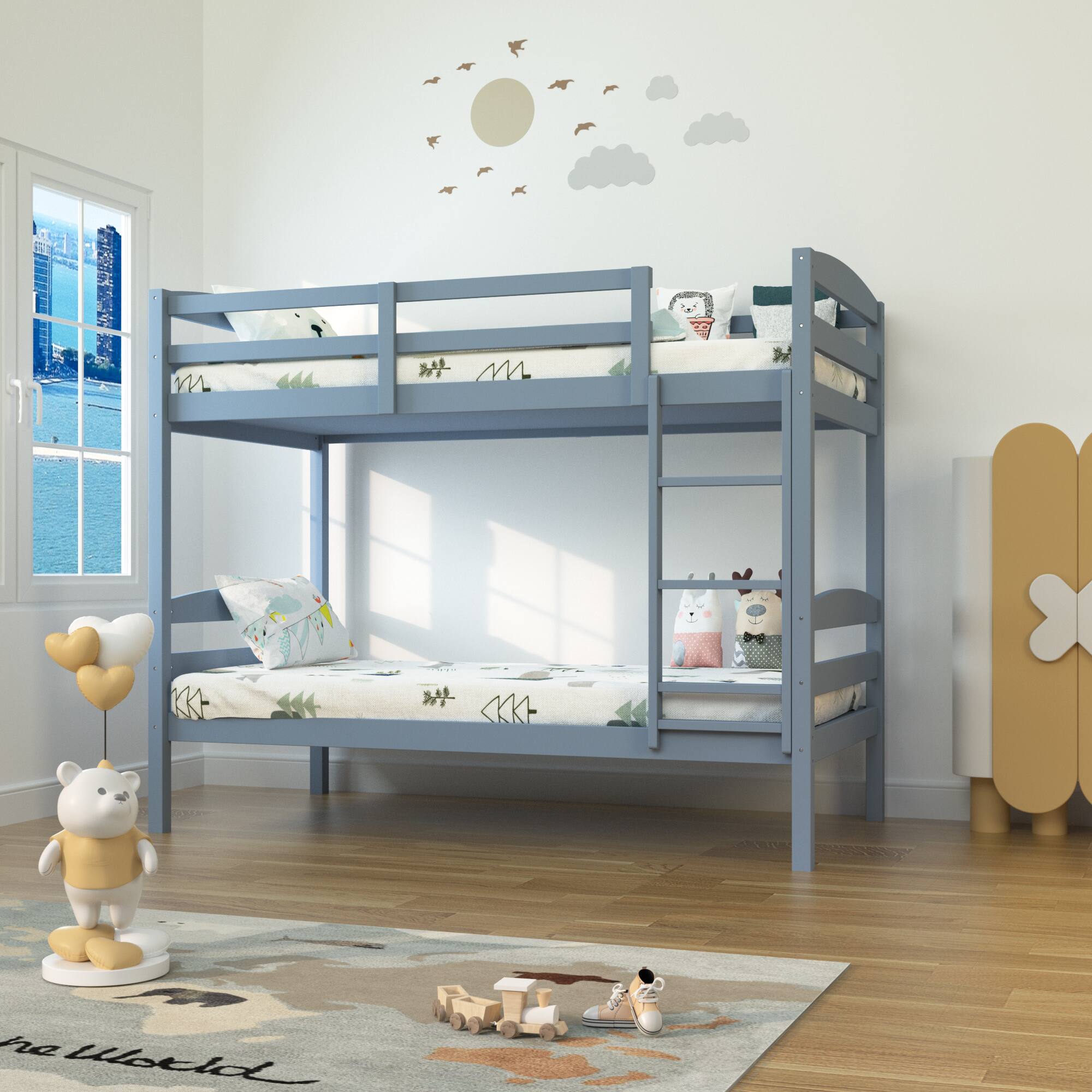 Back. Vaczon - Twin-Over-Twin Bunk Bed Wood Bunk Bed for Kids Bedroom, Durable Solid Hardwood Frame - Gray.