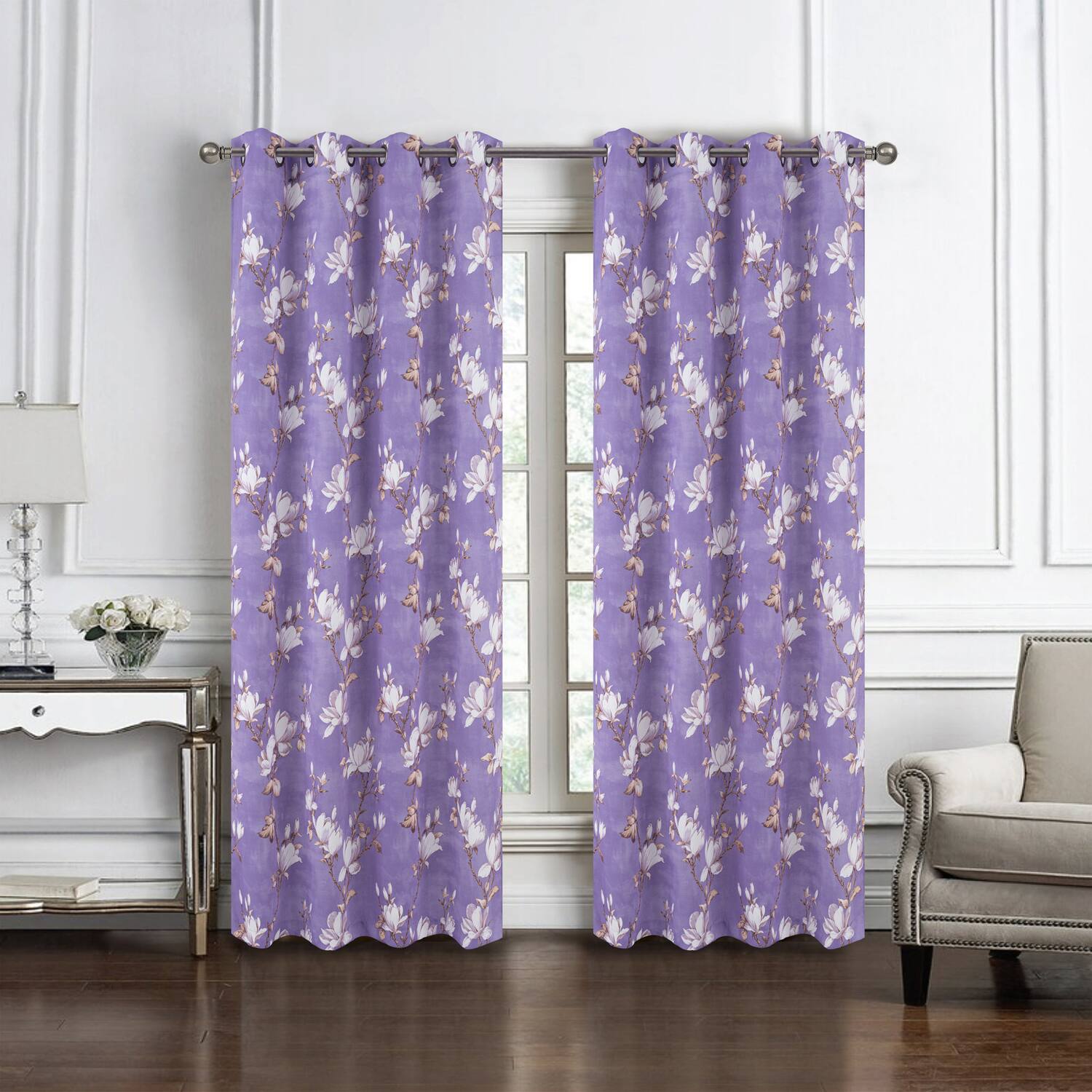 Angle. Olivia Gray - Olivia Gray 100% Polyester 200 GSM Blossom Printed Blackout Grommet Curtain Panel 54" x 84" Lilac - Lilac.