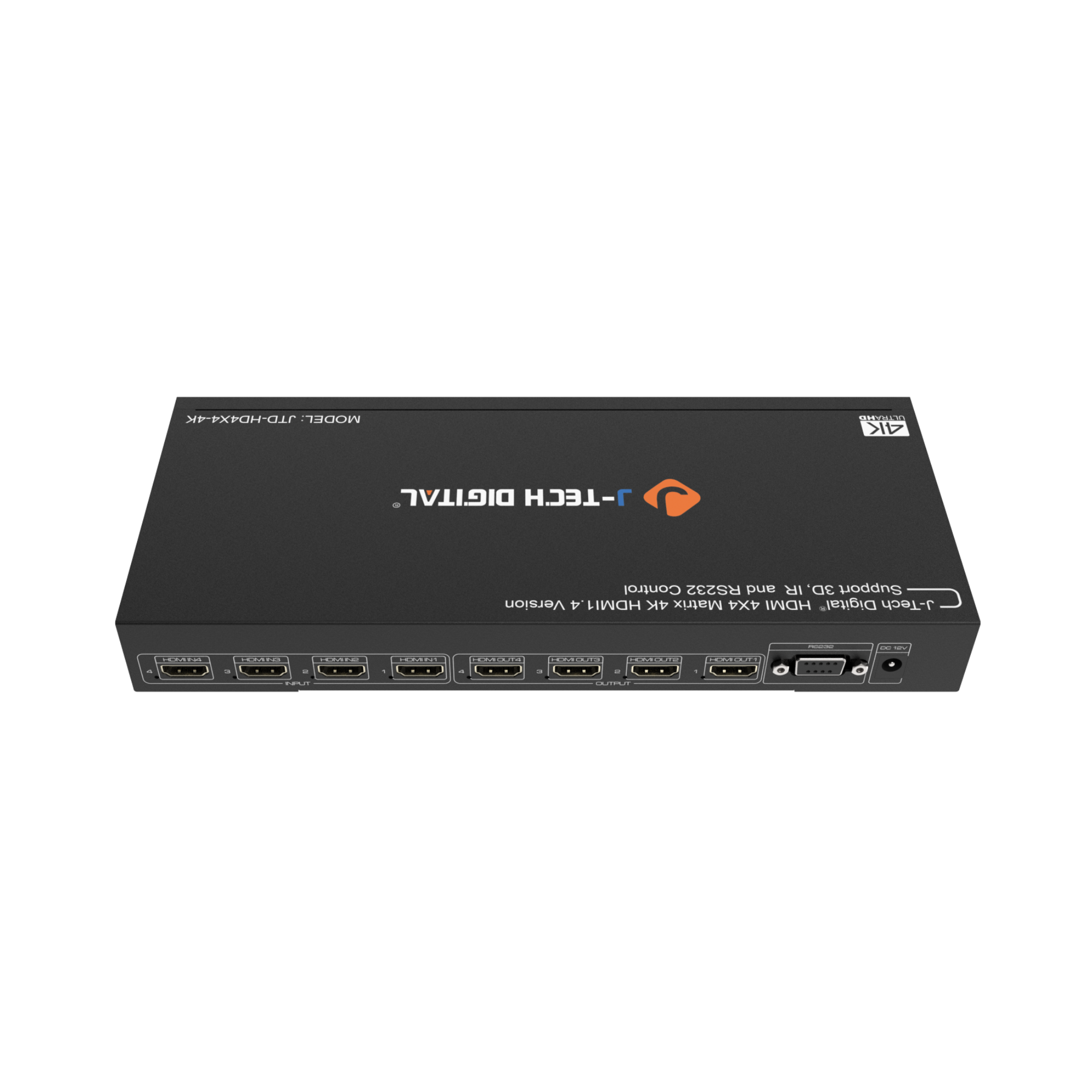 The text on the image is "J-TECH DIGITAL HDMI 4K Matrix 4X4 HDMI Digital* J-Tech | - : iN CDO TOE .... COI ..KOE .ORO OO.I - - a . - :".
