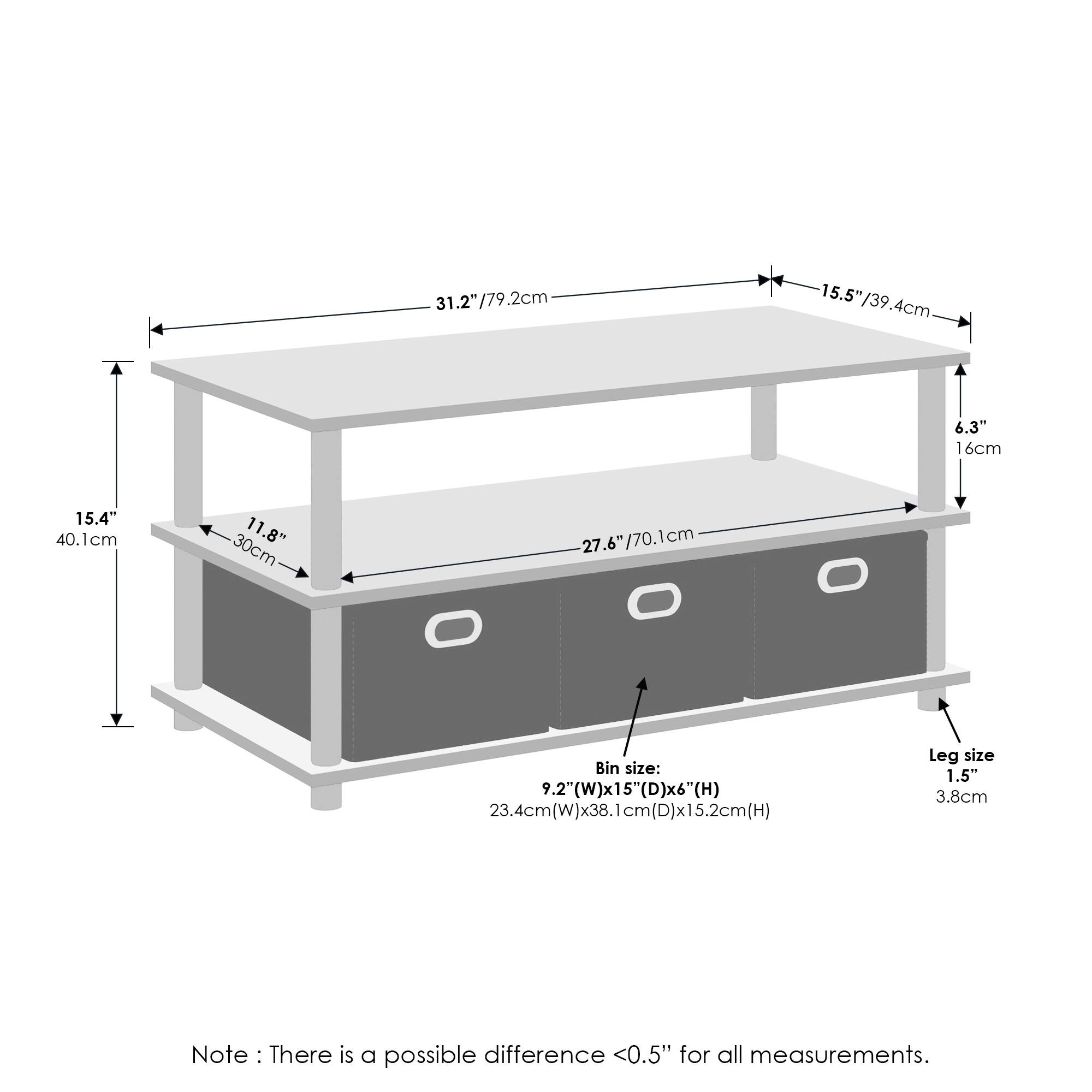 - Tabletop dimensions: 31.2" x 15.5" (79.2cm x 39.4cm)
- Drawer dimensions: 27.6" x 11.8" (70.1cm x 30cm)
- Bin size: 9.2" x 15" x 6" (23.4cm x 38.1cm x 15.2cm)
- Leg size: 1.5" (3.8cm)
- Height from tabletop to drawer: 6.3" (16cm)
- Height from drawer to bottom: 15.4" (40.1cm)
- Note: There is a possible difference <0.5" for all measurements.