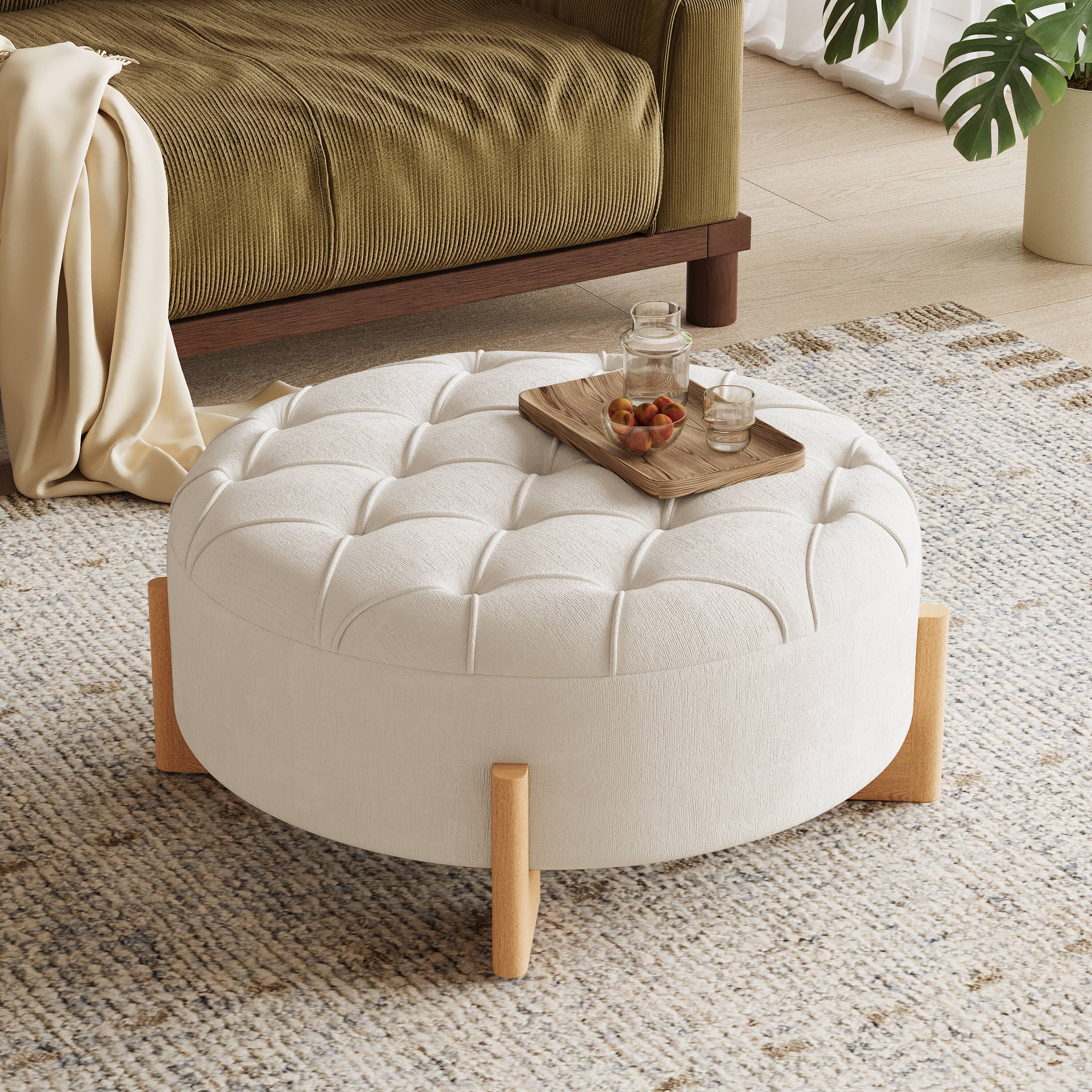 Front. Whisen - 32" Round Tufted Ottoman Coffee Table Chenille Fabric Footrest for Living Room - Beige.