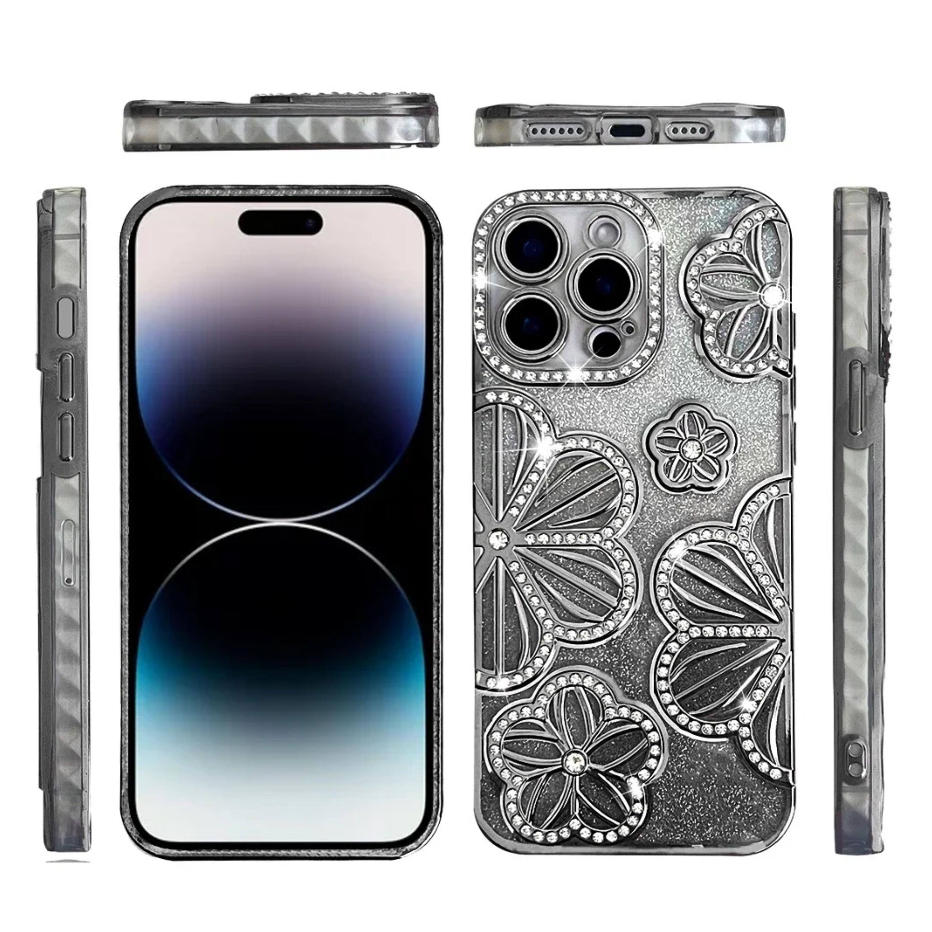 Angle. Kitcheniva - 3D Glitter Floral Rhinestone Phone Case For iPhone 14 Pro Max Black - Black.