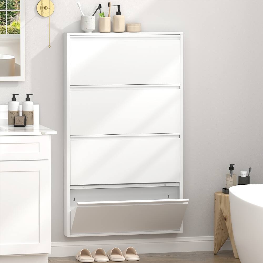 Front. Loheer - Loheer White Metal Shoe Cabinet 4 Flip Drawer Shoe Organizer - White.