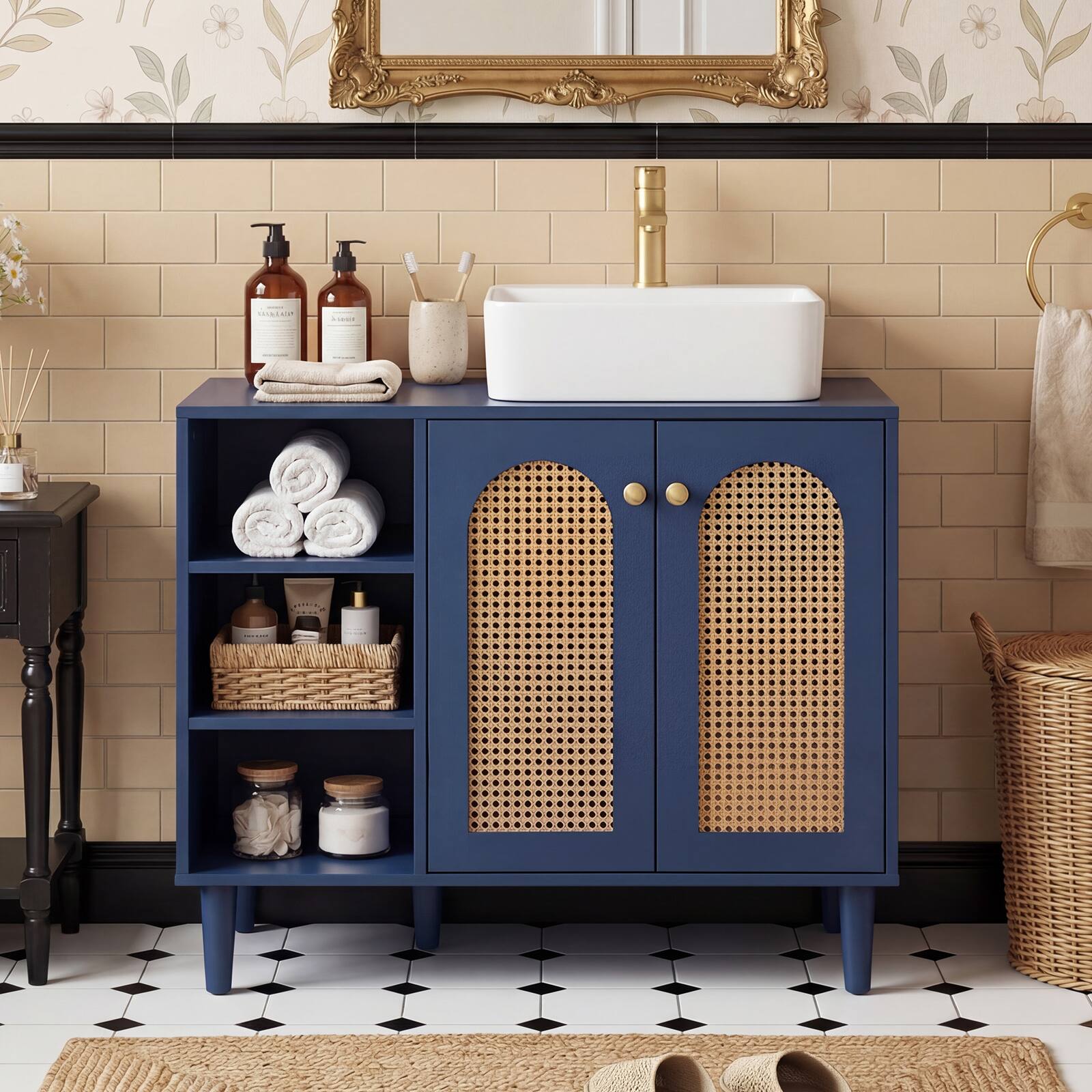 Alt View 3. Costway - Costway 36" Under Sink Cabinet, Boho Sink Base Cabinet with Rattan Doors, Rubber Wood Legs - Navy + Natural.