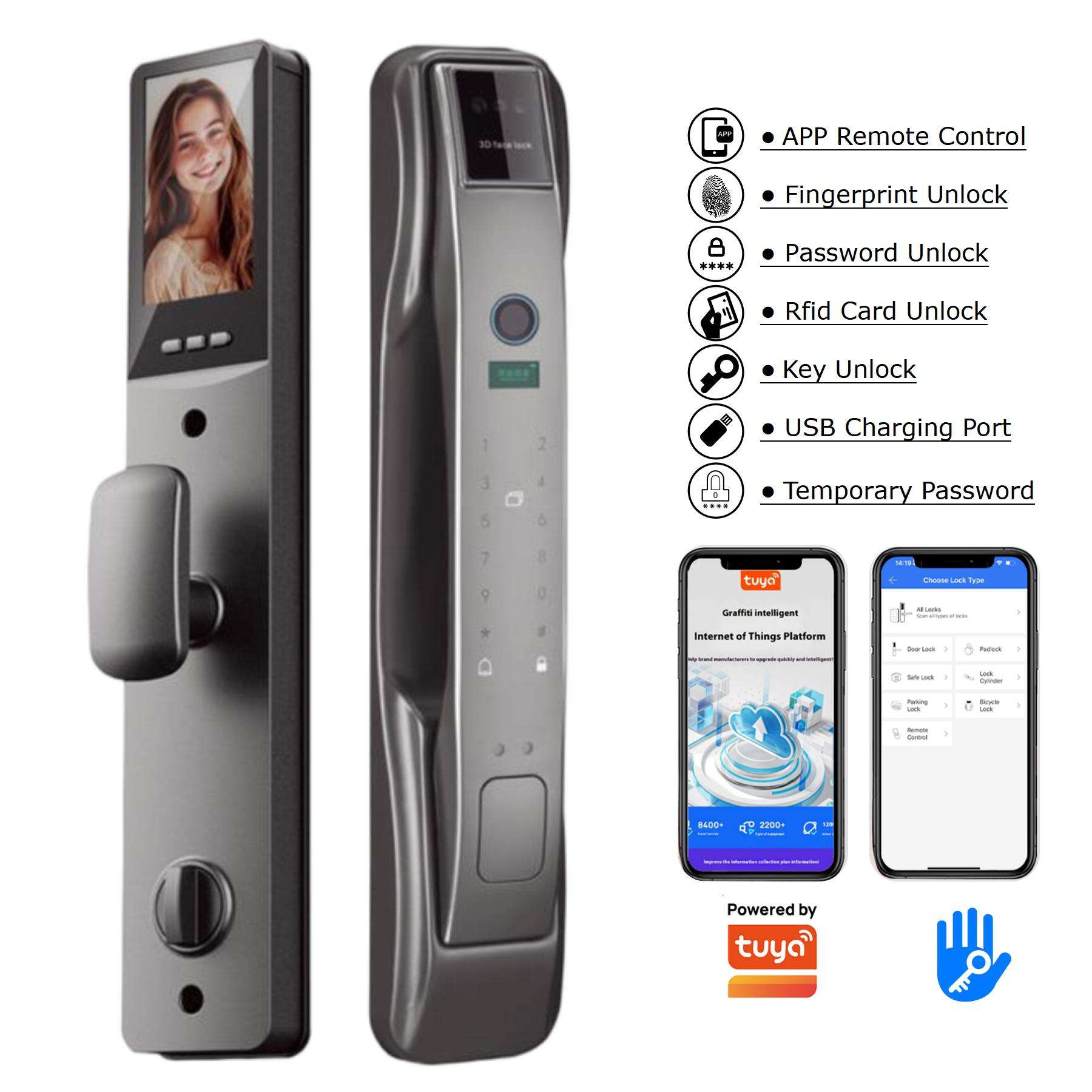 A APP Remote Control  
Fingerprint Unlock  
Password Unlock  
Rfid Card Unlock  
Key Unlock  
USB Charging Port  
Temporary Password  

7 tuyo -- Cheua urs - Groffie intelligent  
Internet of Things Platform  

BAC 2200  
Powered by tuya