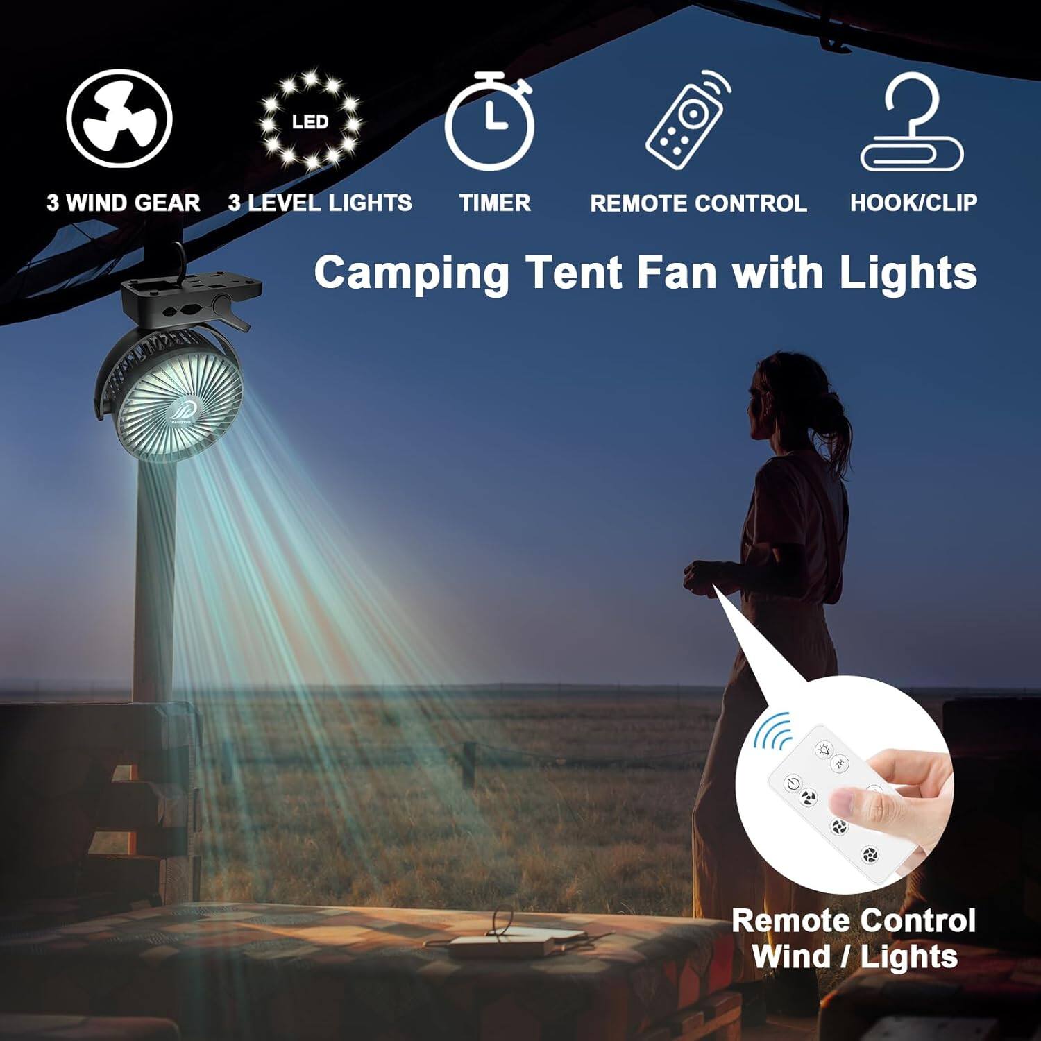 Left. Schertz - Portable USB Fan with Remote, LED Light, 12000mAh Rechargeable Battery.