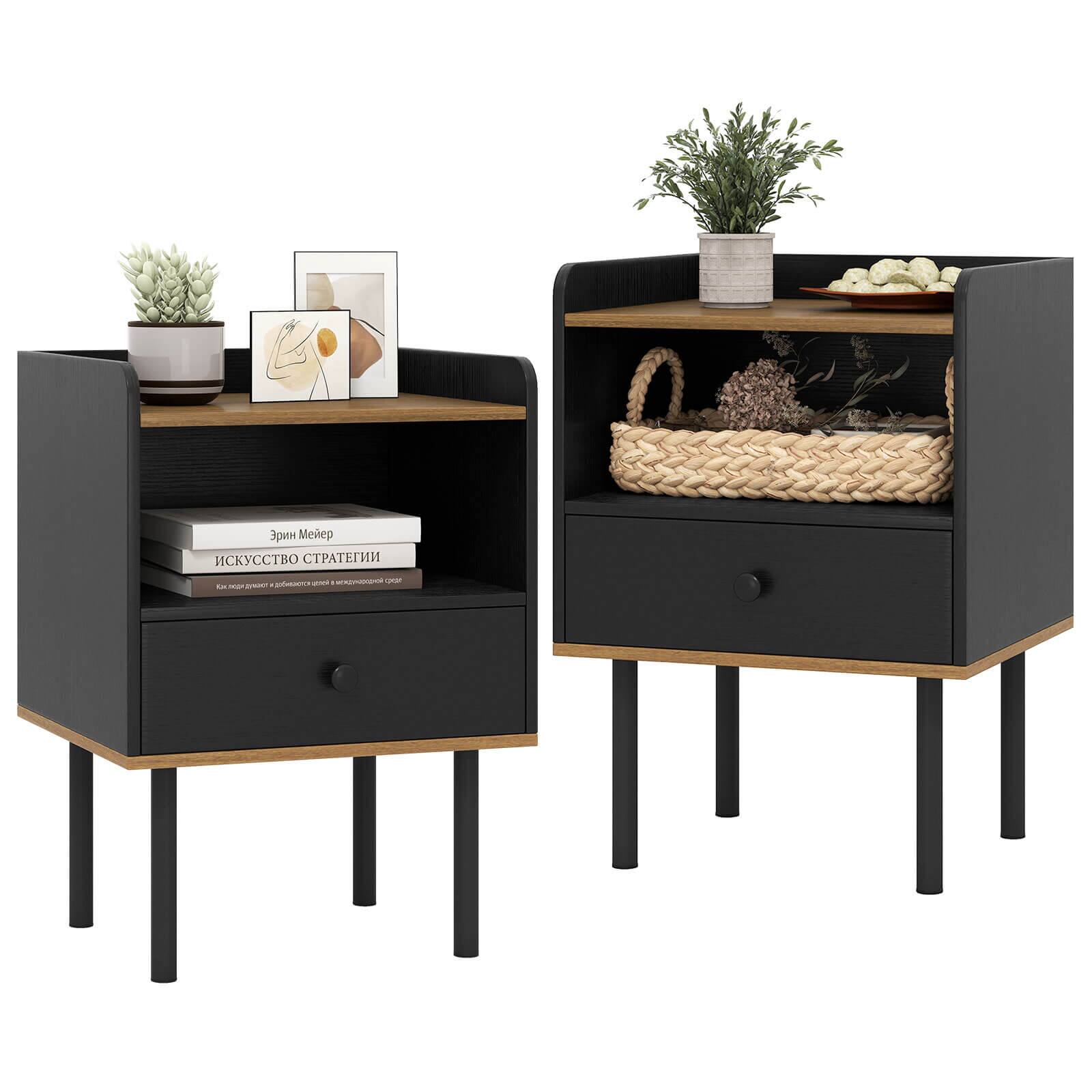 Costway - 2 PCS Nightstand Side End Table with Drawer & Open Shelf for Living Room Bedroom - Gray