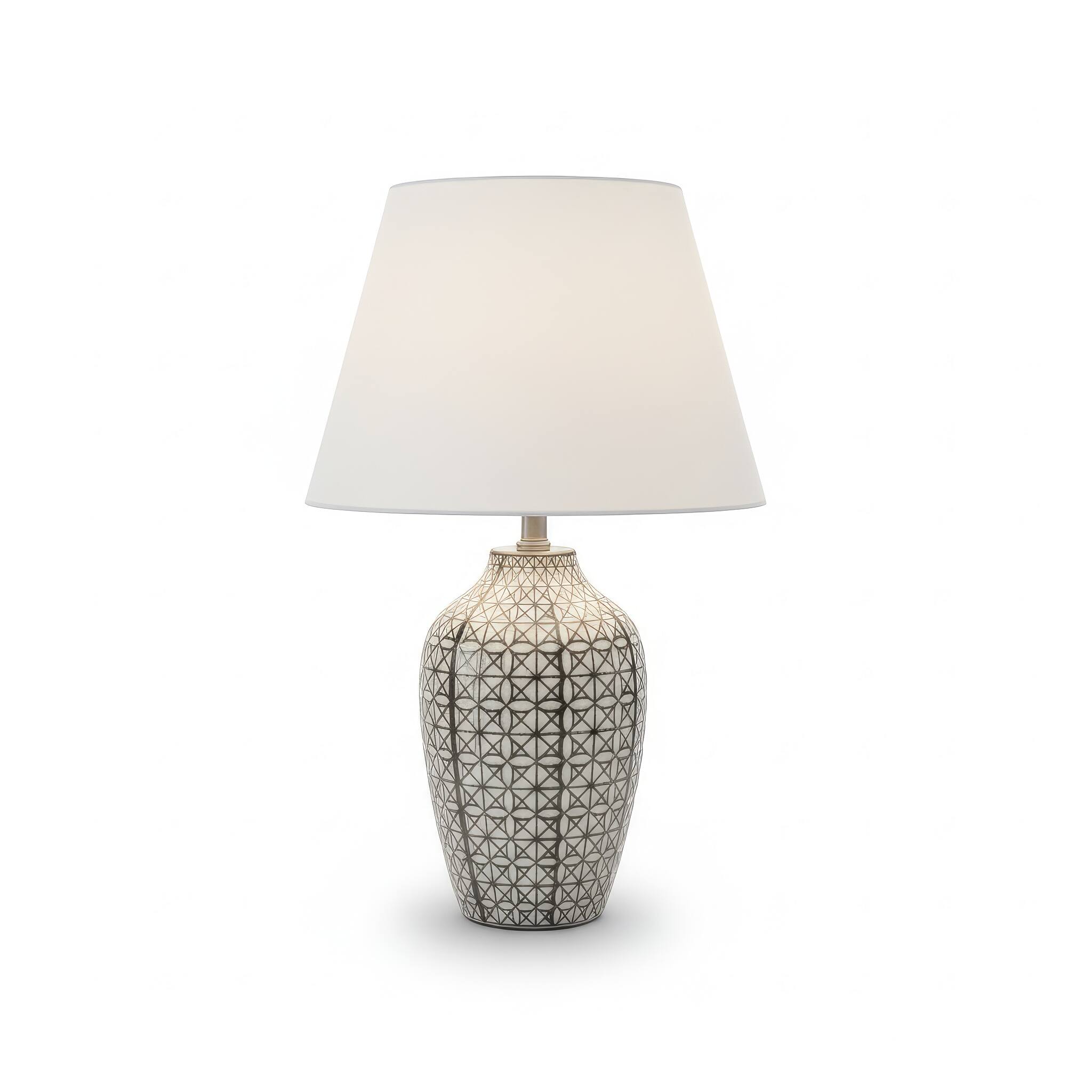 Angle. FC Design - 16"H White Shade w/ Beige/Black Mosaic Ceramic Base Table Lamp.