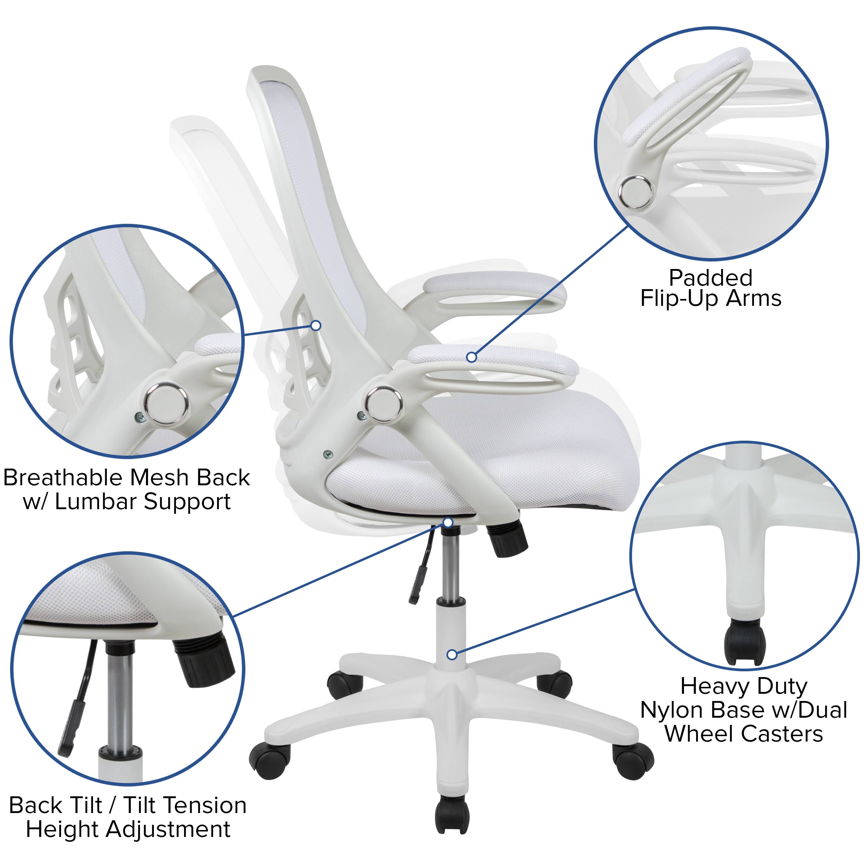 A Breathable Mesh Back w/ Lumbar Support  
Padded Flip-Up Arms  
Heavy Duty Nylon Base w/Dual Wheel Casters  
Back Tilt / Tilt / Tension Height Adjustment