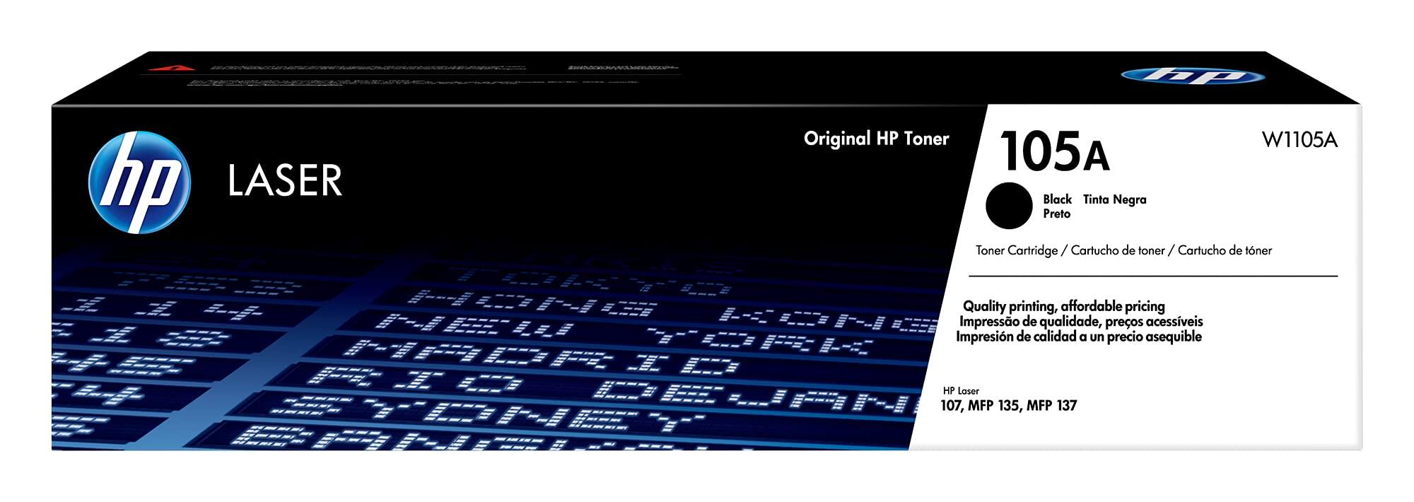 hp LASER
Original HP Toner
105A
W1105A
Black / Tinta Negra / Preto
Toner Cartridge / Cartucho de toner / Cartucho de toner
Quality printing, affordable pricing
Impressão de qualidade, preços acessíveis
Impresión de calidad a un precio asequible
HP Laser 107, MFP 135, MFP 137