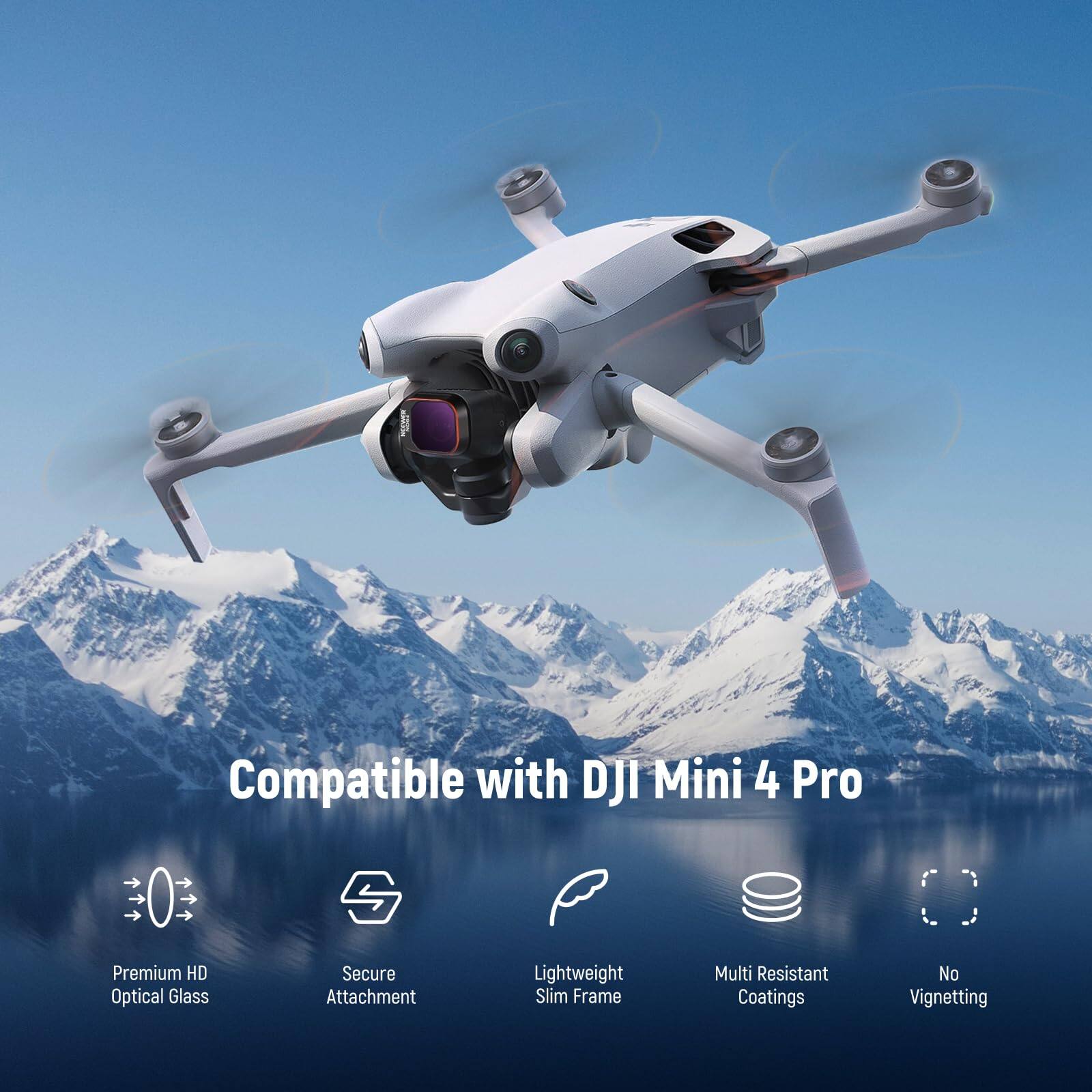 Compatible with DJI Mini 4 Pro  
Premium HD Optical Glass  
Secure Attachment  
Lightweight Slim Frame  
Multi Resistant Coatings  
No Vignetting