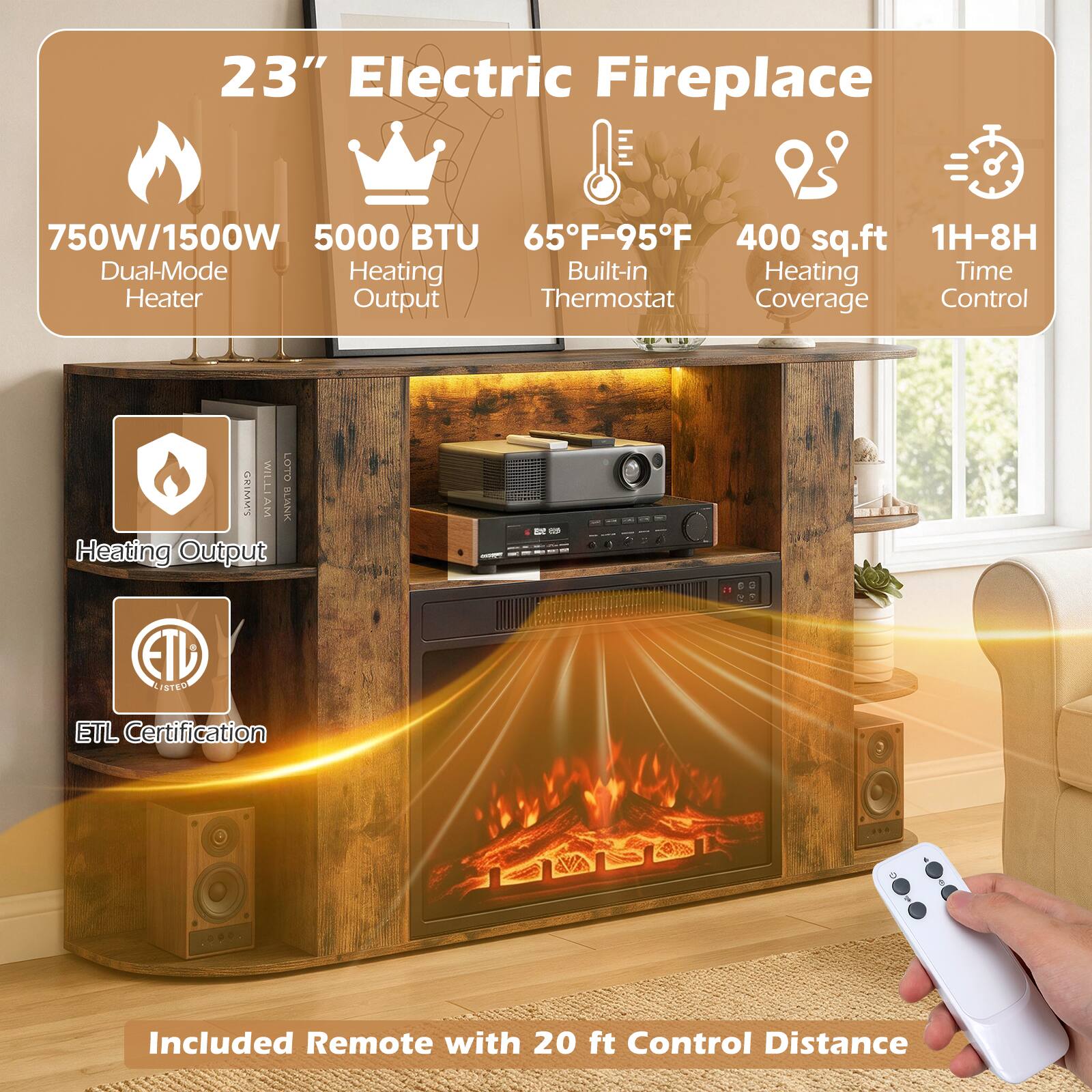 23" Electric Fireplace

750W/1500W Dual-Mode Heater
5000 BTU Heating Output
65°F-95°F Built-in Thermostat
400 sq.ft Heating Coverage
1H-8H Time Control

WILLI LOTO GRIMM'S AM BLANK Heating Output
ETL Certification

Included Remote with 20 ft Control Distance