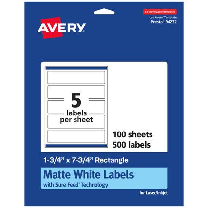 Go to avery.com/templates
AVERY
Use Avery™ Template Presta® 94232
5 labels per sheet
100 sheets
500 labels
1-3/4" x 7-3/4" Rectangle
Matte White Labels with Sure Feed® Technology for Laser/Inkjet