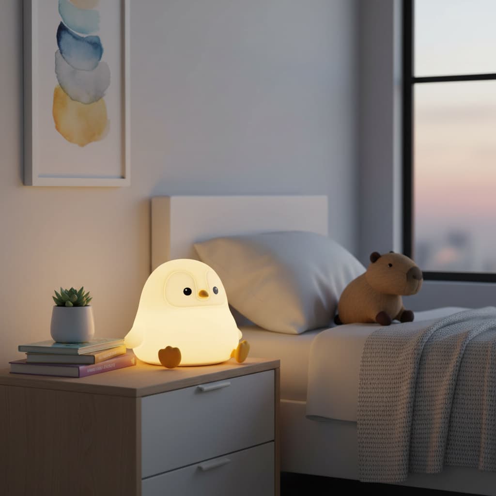 Alt View 1. FINEAK - Cute Penguin Night Light for Kids: Silicone Dimmable Touch Lamp, Rechargeable Animal Gift - Kawaii Room Decor - White.