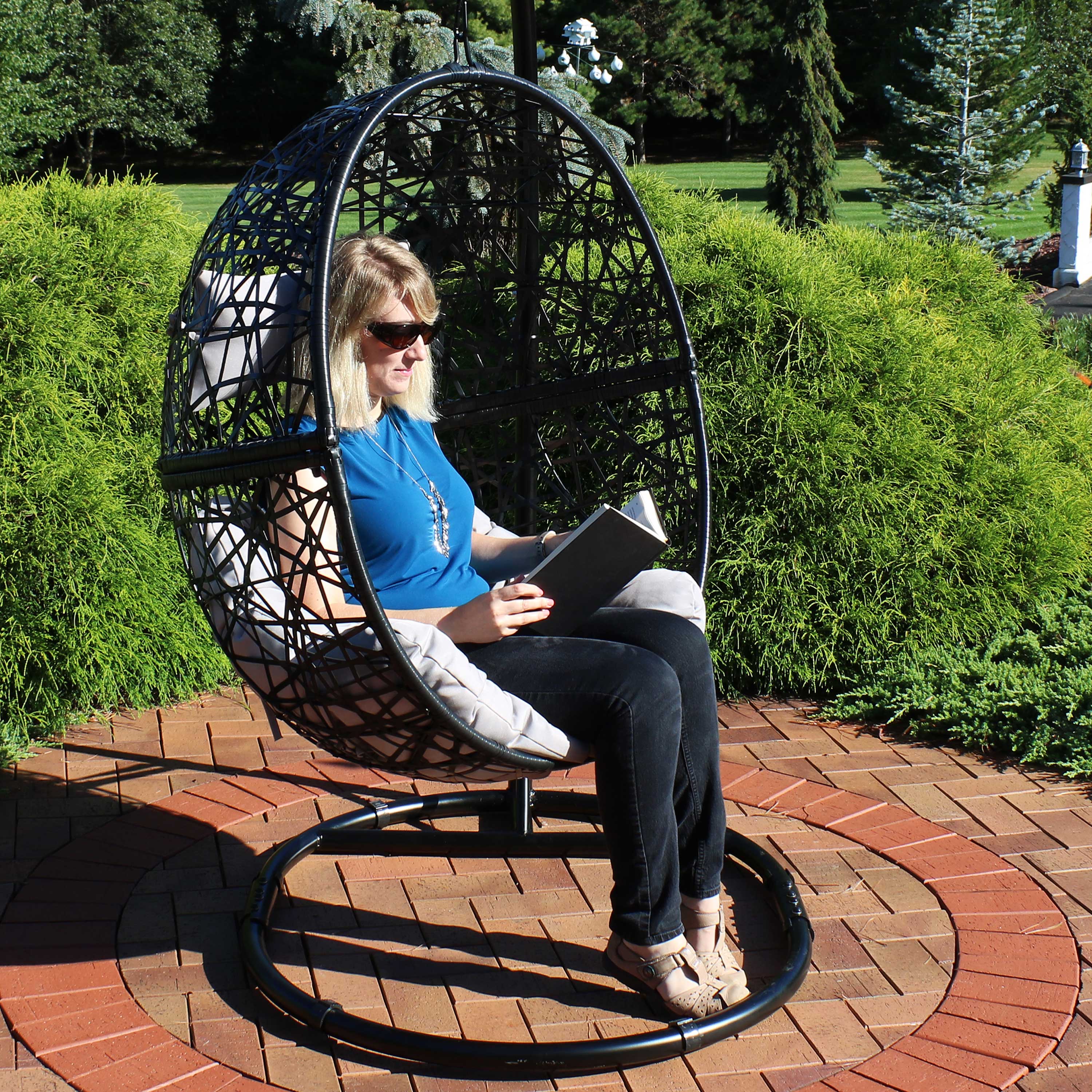 Alt View 4. Sunnydaze - Black Resin Wicker Round Hanging Egg Chair with Cushions - Gray.