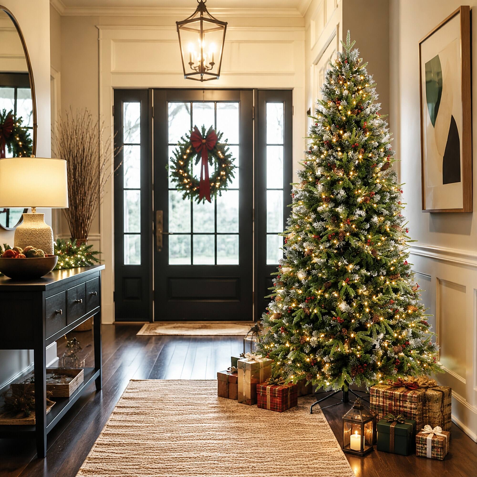 Alt View 2. RYHNUYNE - 7FT Pre-Lit Christmas Tree,450 Warm White LED Lights 2178 Snow-Tipped Branches Red Berries Pine Cones Metal Stand - Green,White.