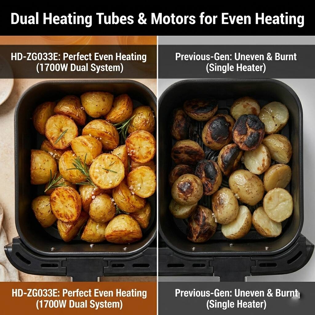 Dual Heating Tubes & Motors for Even Heating

HD-ZG033E: Perfect Even Heating (1700W Dual System)

Previous-Gen: Uneven & Burnt (Single Heater)