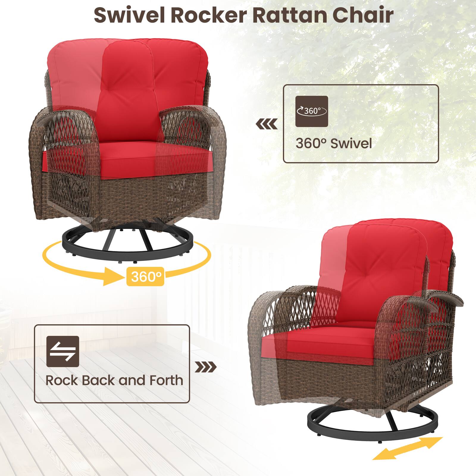 Swivel Rocker Rattan Chair

360° Swivel

Rock Back and Forth