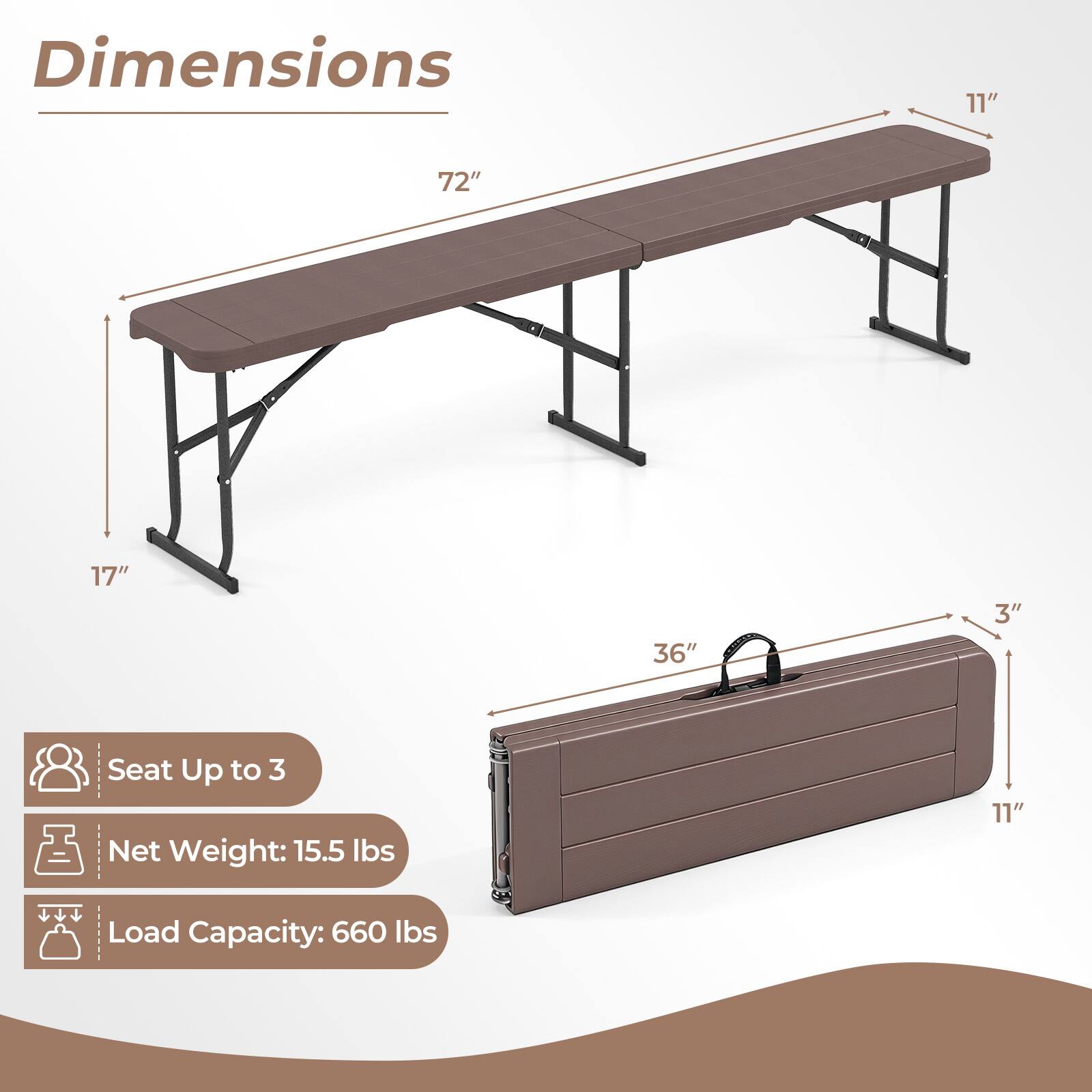 Dimensions: 11" x 72" x 17" x 36" x 3"  
Seat: Up to 3  
Net Weight: 15.5 lbs  
Load Capacity: 660 lbs