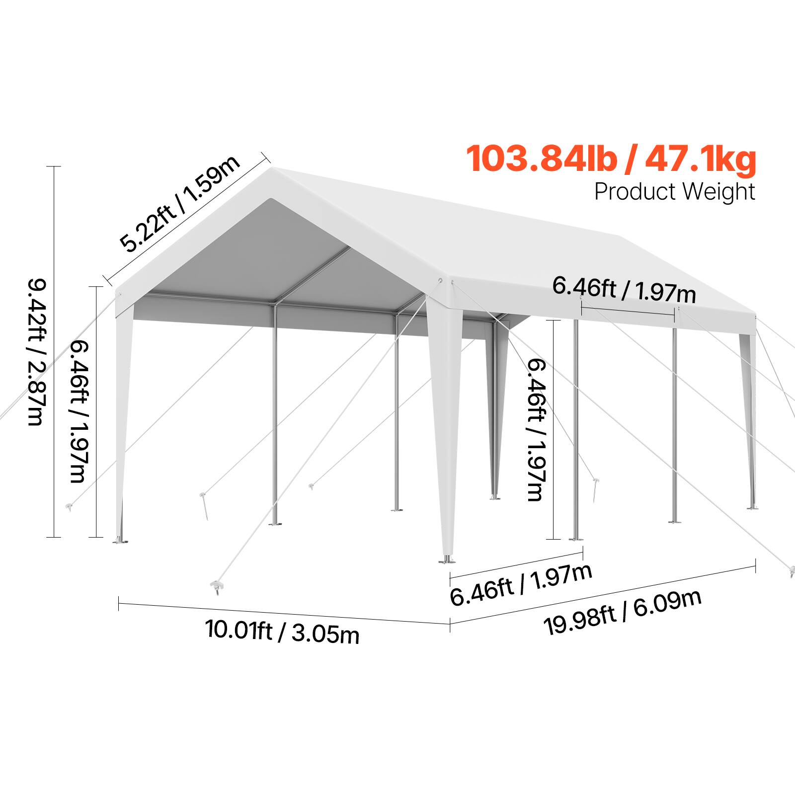9.42ft / 2.87m, 103.84lb/ 47.1kg, 5.22ft/1.59m, 6.46ft/1.97m, 19.98ft, 10.01ft/ 3.05m.