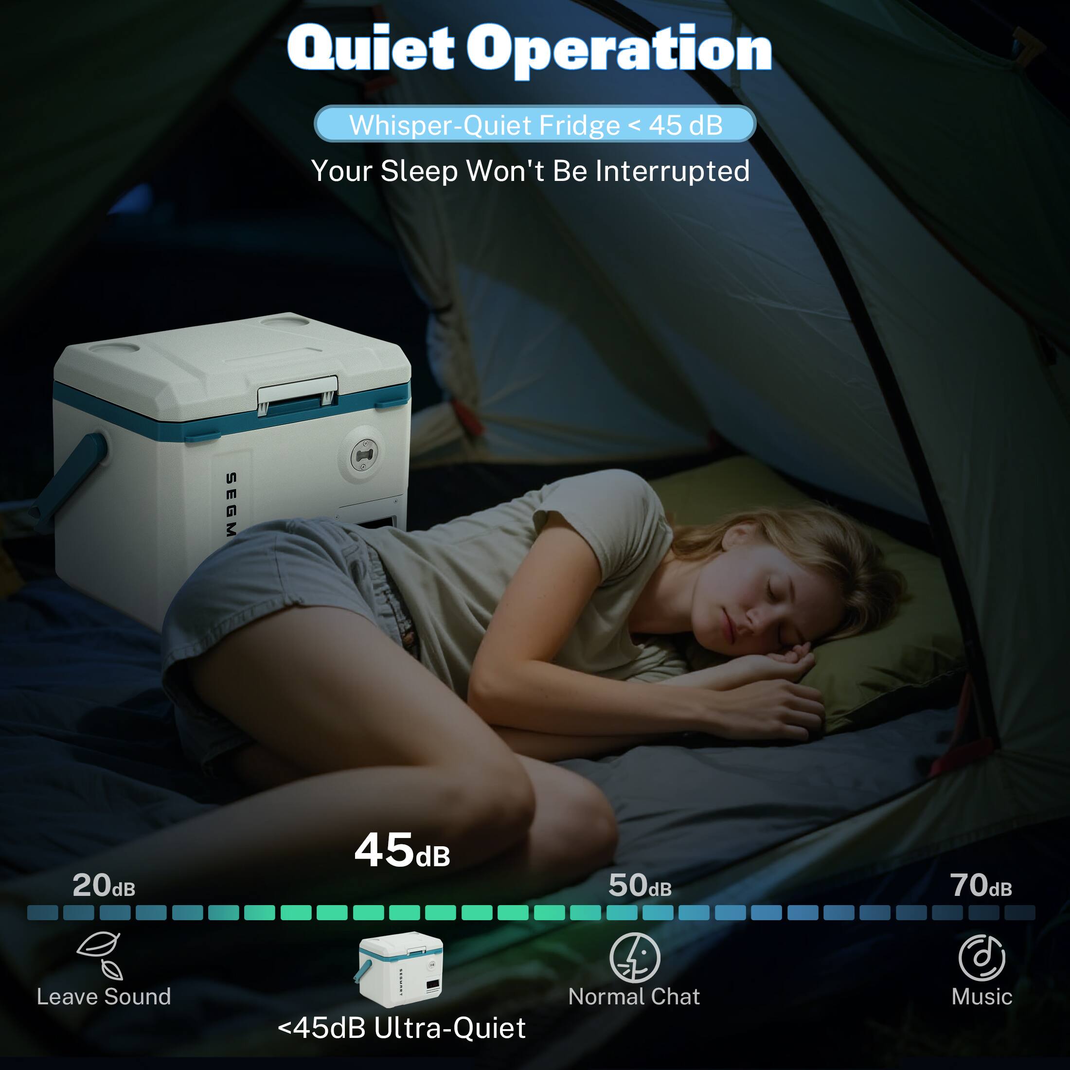 Quiet Operation  
Whisper-Quiet Fridge < 45 dB  
Your Sleep Won't Be Interrupted  

20dB - Leave Sound  
45dB - <45dB Ultra-Quiet  
50dB - Normal Chat  
70dB - Music