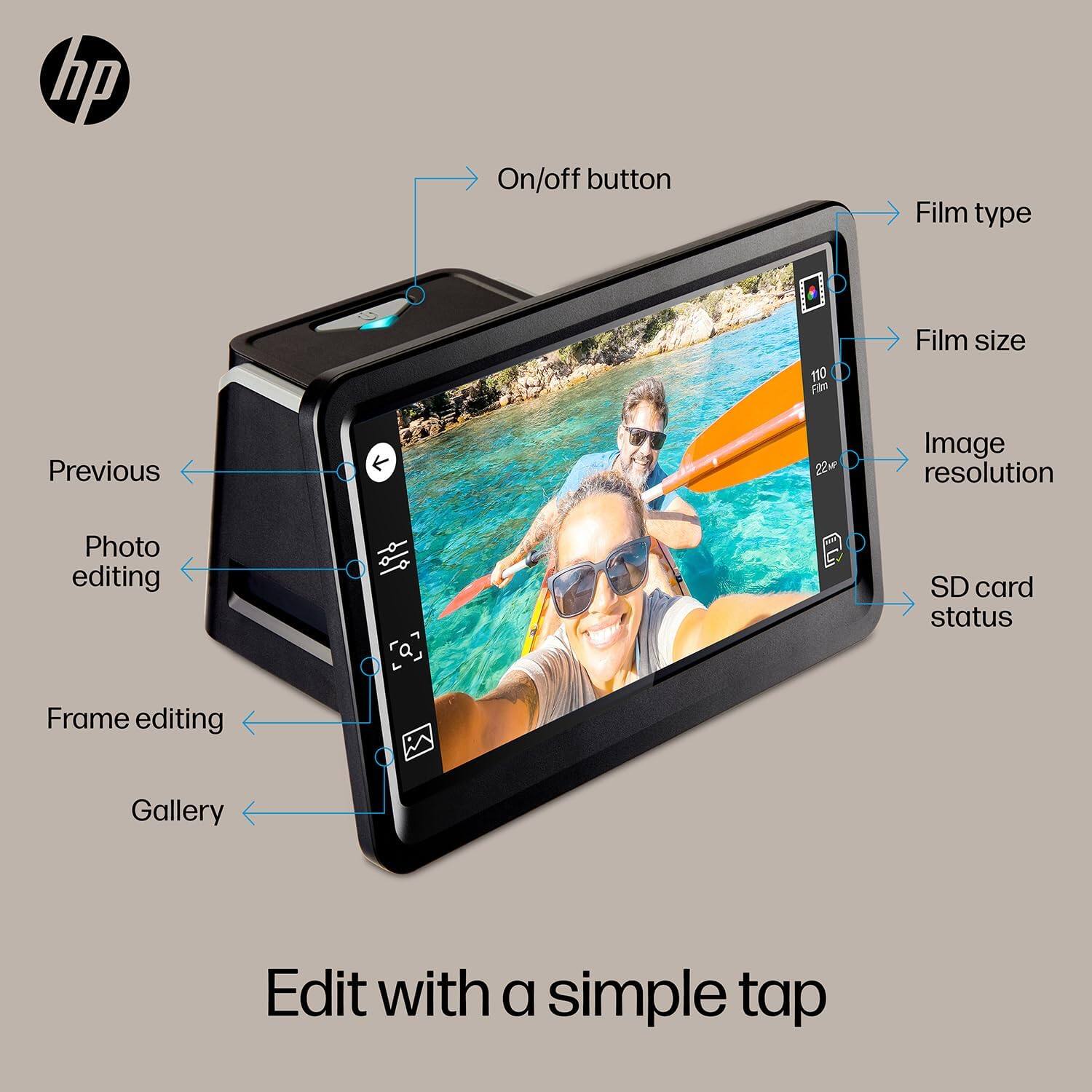 hp On/off button Film type I I 110 FIN Film size Previous 7 22m Image resolution Photo editing SD card status Frame editing Gallery Edit with a simple tap