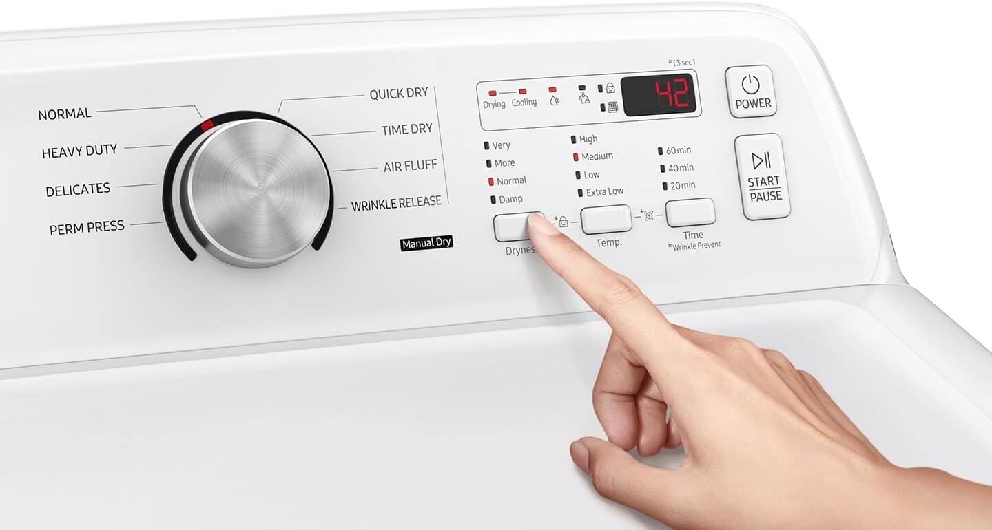 NORMAL  
HEAVY DUTY  
DELICATES  
PERM PRESS  
QUICK DRY  
TIME DRY  
AIR FLUFF  
WRINKLE RELEASE  

Manual Dry  

Drying  
Very  
More  
Normal  
Damp  

Dryness  
High  
Medium  
Low  
Extra Low  

Temp.  
*(3 sec)  
42  

POWER  
60min  
40min  
20min  

START PAUSE  

*(Wrinkle Prevent)