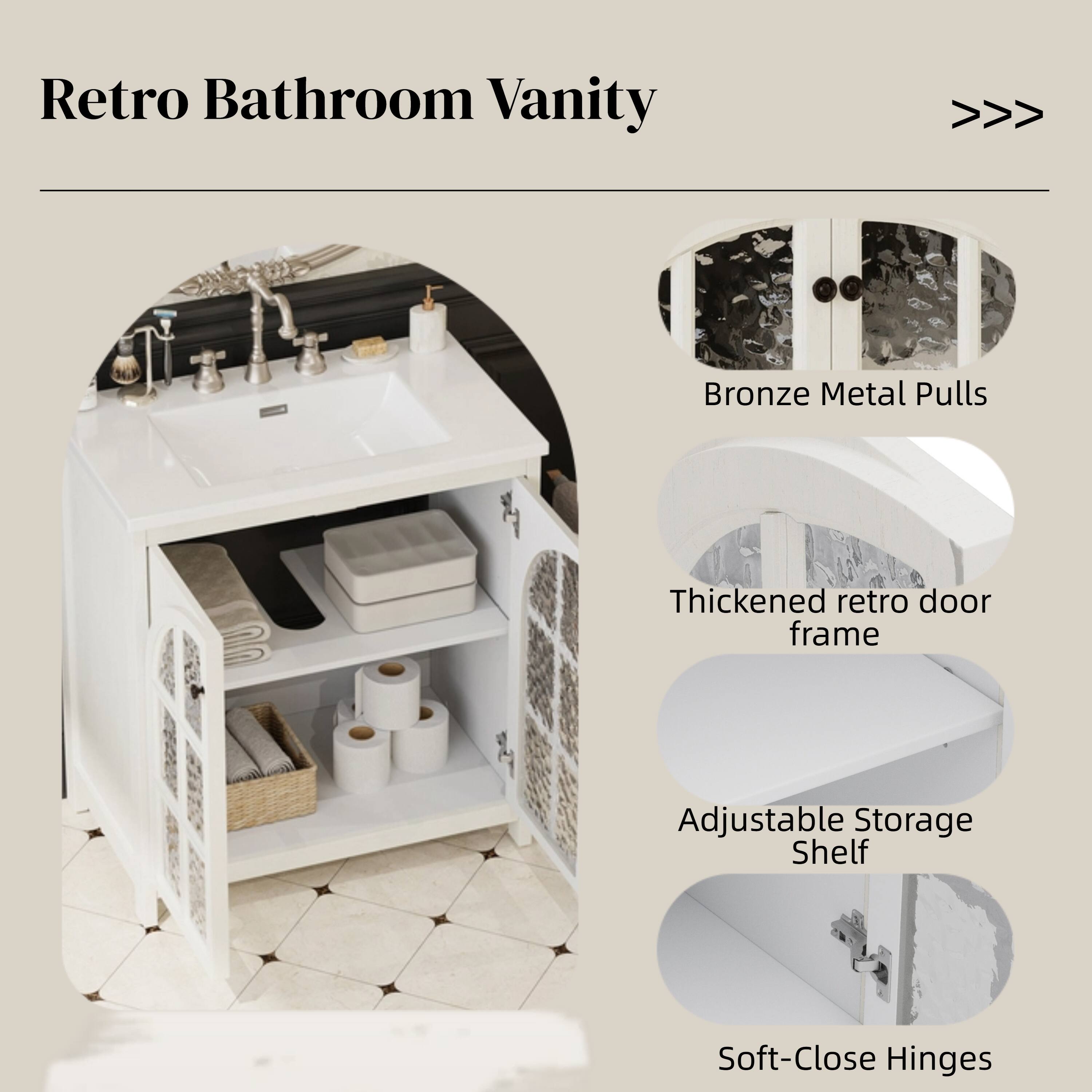 Retro Bathroom Vanity  
>>>  
Bronze Metal Pulls  
Thickened retro door frame  
Adjustable Storage Shelf  
Soft-Close Hinges