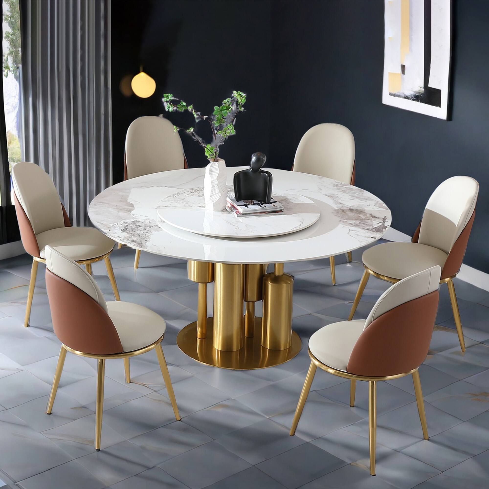 Alt View 8. Loheer - Loheer 59-Inch Round Sintered Stone Dining Table with 360-Degree Lazy Susan, White and Gold - White and Gold.