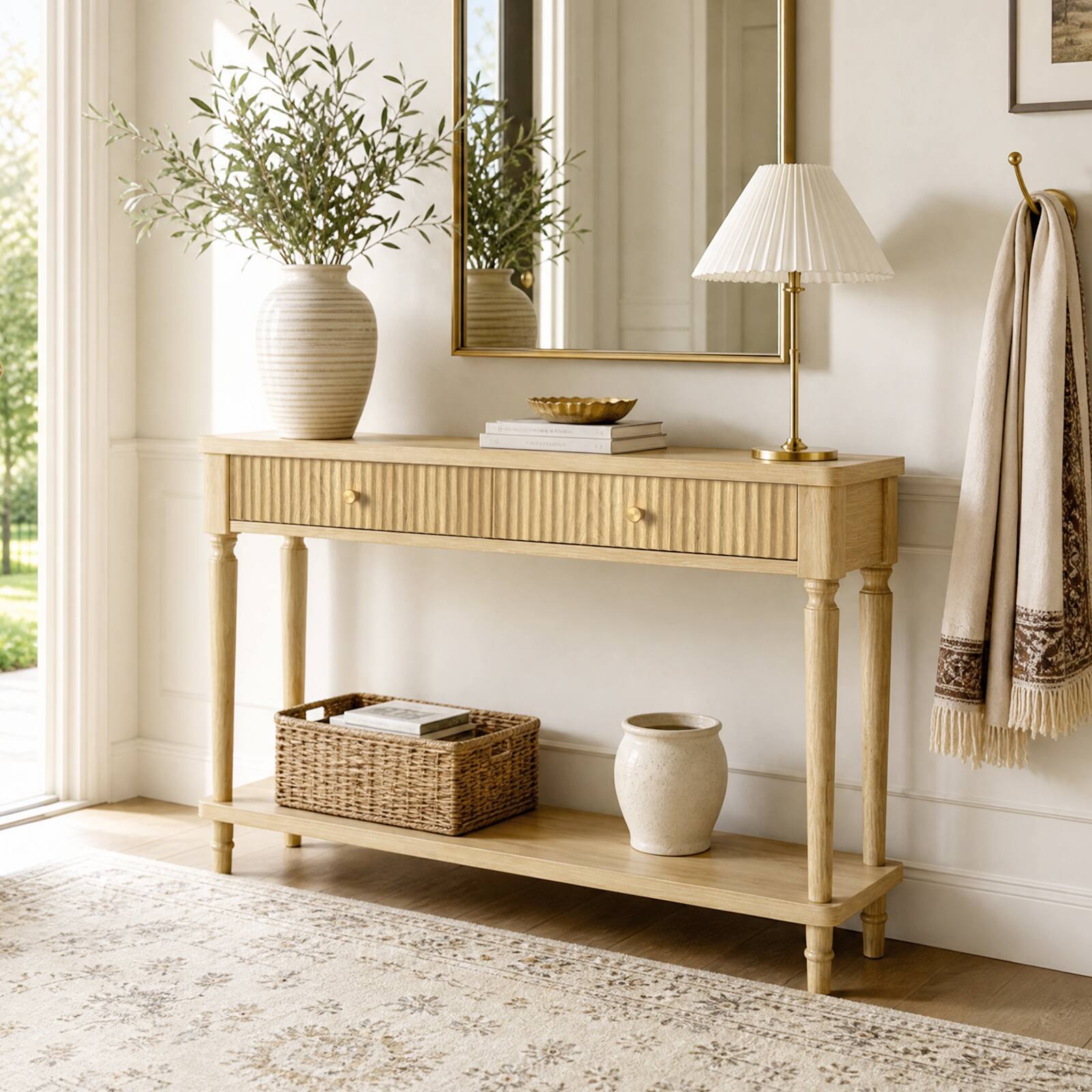 Left. Bestier - Console Table with Storage, Entryway Table with 2 Drawers,  Wooden Legs Vertical Ribbed Hallway Table for Living Room - Natural Oak.