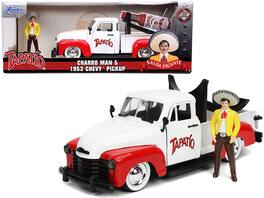 1953 Chevrolet Pickup Truck with Charro Man Diecast Figurine "Tapatio" 1/24 Diecast Model Car by Jada - White And Red