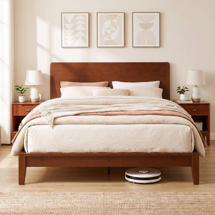 Alt View 1. PULUZ - Queen Size Bamboo Platform Bed Frame with Headboard and 12 Poplar Slats, No Box Spring Needed, Easy Assembly - Brown.