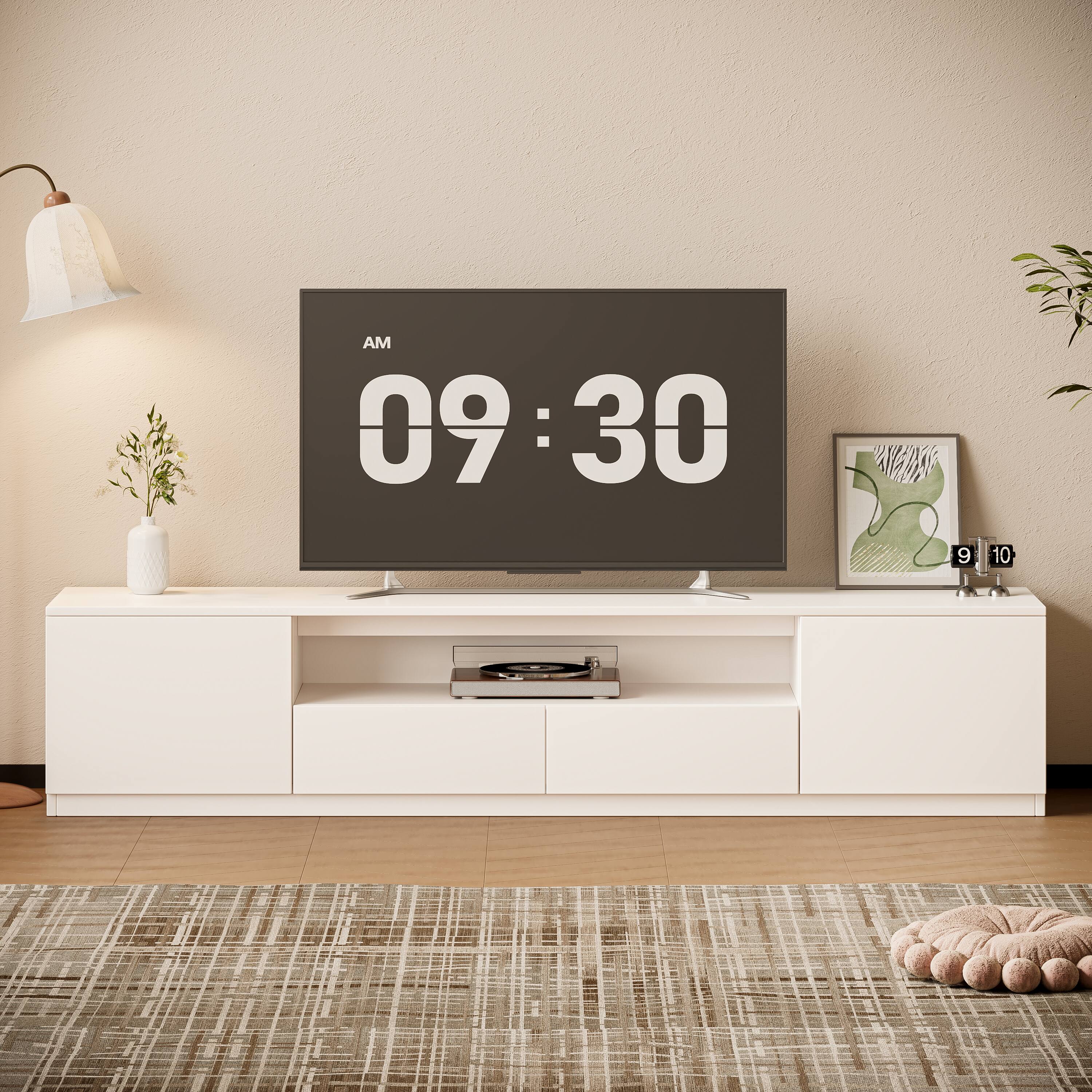 Front. MSOOB - Modern Media Console Tv Stand For 65/70/75 Inch Tv, Tv Cabinet With Storage Drawers - White.