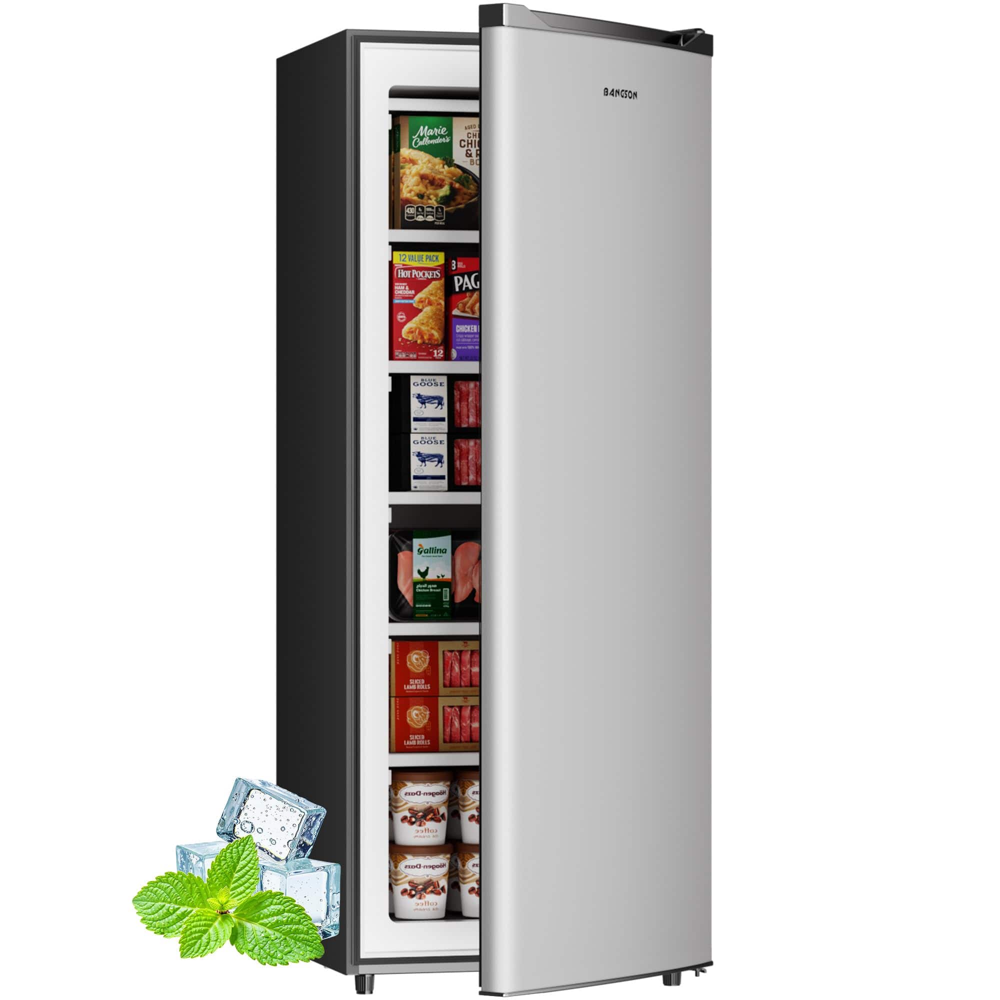 BANGSON - 6.5 Cu.ft Upright Freezer, Adjustable Thermostat, Reversible Door, for Home Dorms Apartment Bedroom - Silver