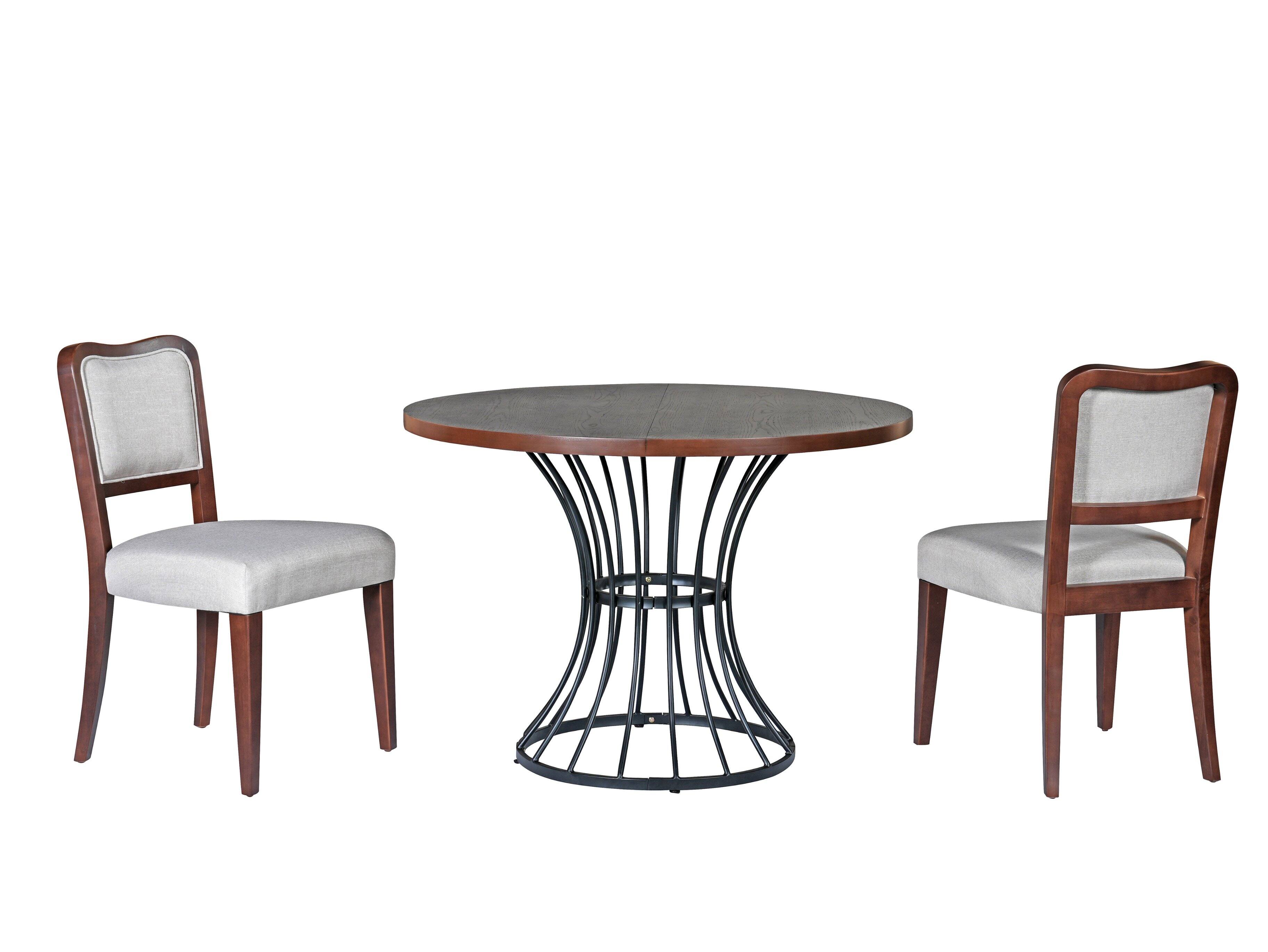 Back. TinyHomie - 42in Round Oak Dining Set – Solid Wood-Look Veneer Table and 2 Upholstered Walnut-Finish Chairs Heavy-Duty Iron Base - Beige and Black and Walnut.