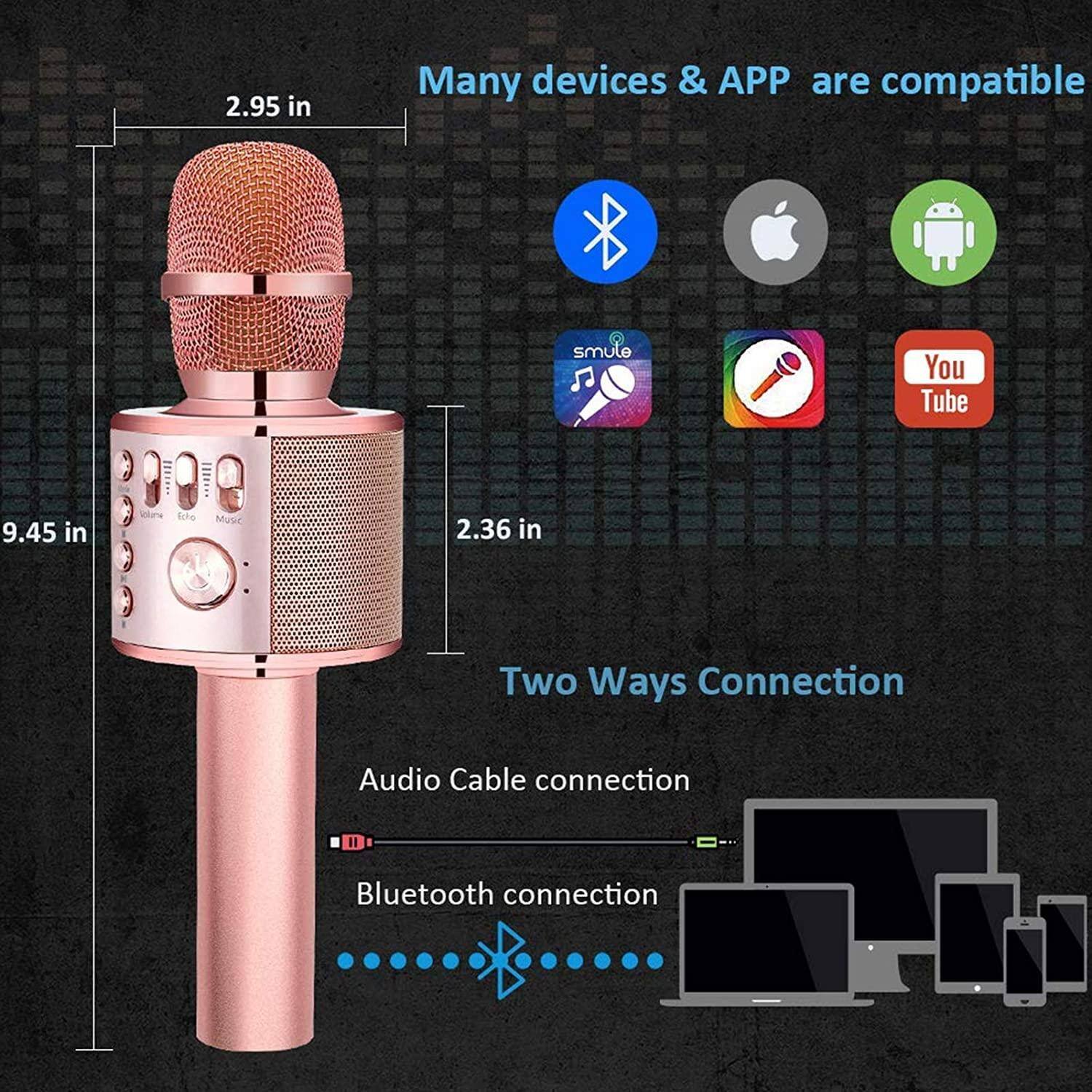 Many devices & APP are compatible

- Bluetooth
- Apple
- Android
- Smule
- YouTube

Two Ways Connection

- Audio Cable connection
- Bluetooth connection

Dimensions:
- 2.95 in
- 9.45 in
- 2.36 in