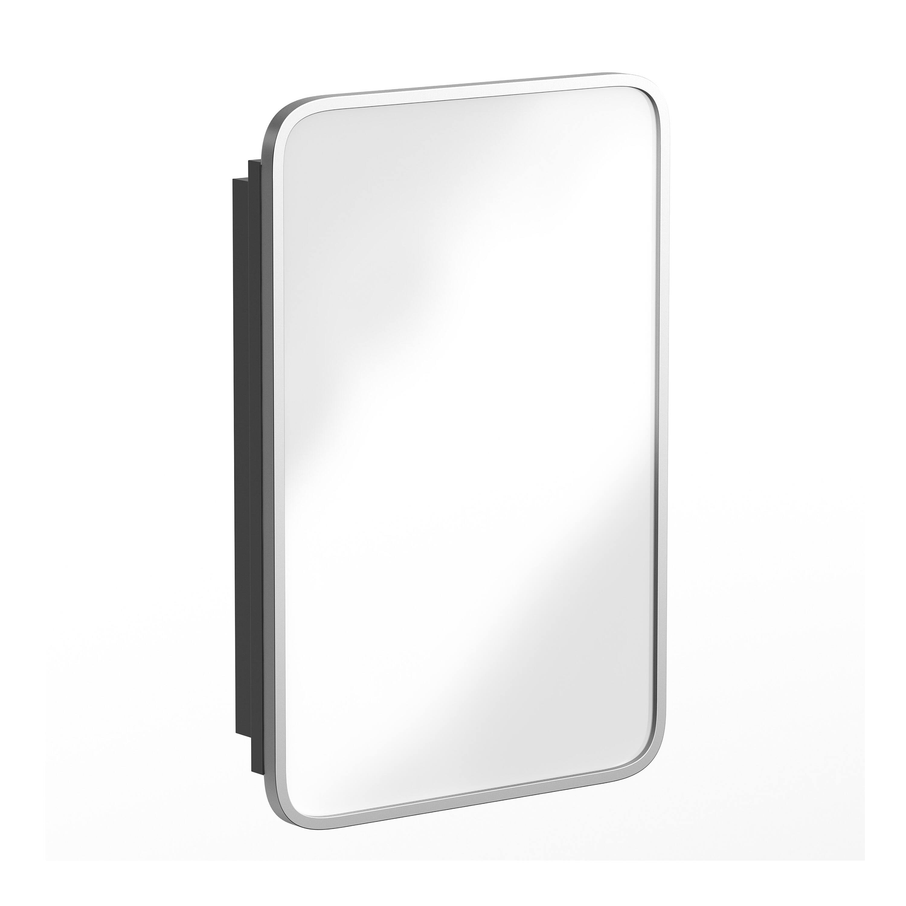 Alt View 1. Emma + Oliver - Jackie Metal Framed Bathroom Medicine Cabinet with Reversible, Recessed Design and Beveled Rounded Mirror - Silver.