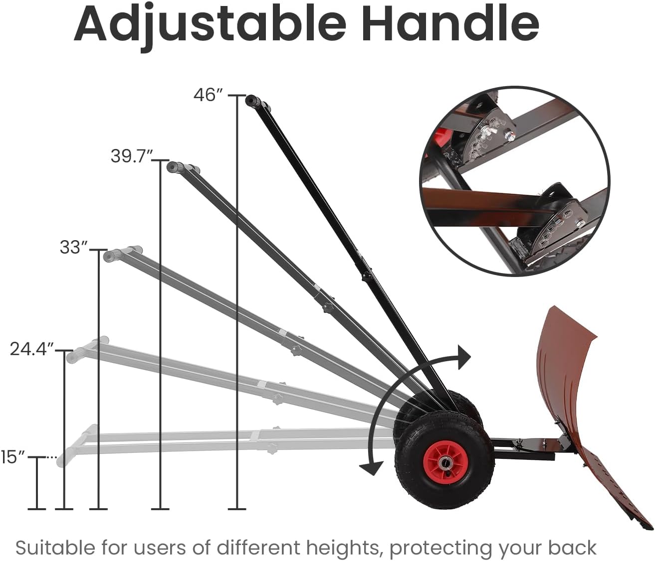 Adjustable Handle

46"  
39.7"  
33"  
24.4"  
15"

Suitable for users of different heights, protecting your back