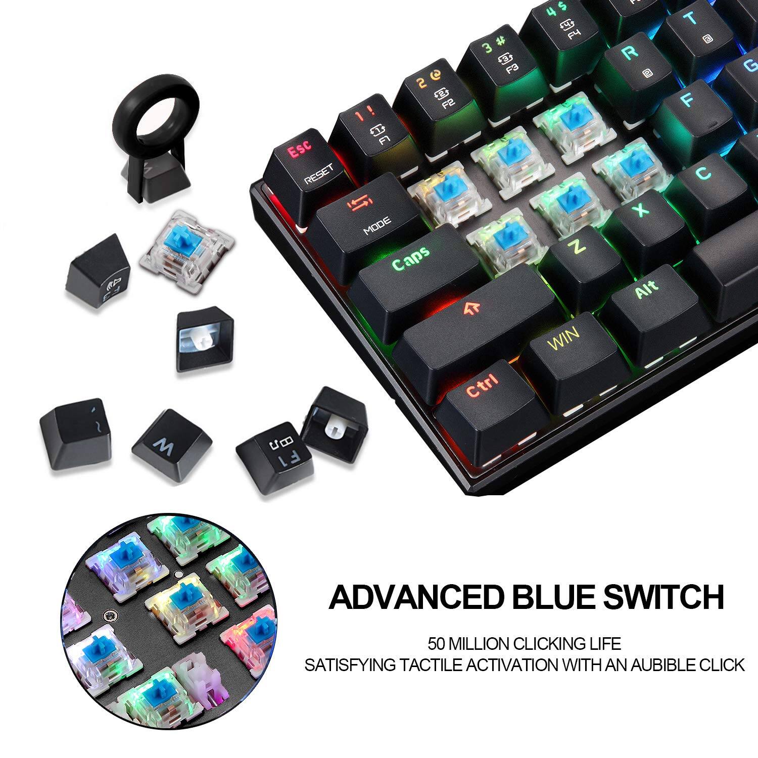 Sure, here is the corrected and grouped text from the image:

---

**Advanced Blue Switch**

- 50 Million Clicking Life
- Satisfying Tactile Activation with an Audible Click

---

**Key Labels:**

- Esc
- F1
- F2
- F3
- F4
- F5
- F6
- F7
- F8
- F9
- F10
- F11
- F12
- 1
- 2
- 3
- 4
- 5
- 6
- 7
- 8
- 9
- 0
- -
- =
- Backspace
- Tab
- Q
- W
- E
- R
- T
- Y
- U
- I
- O
- P
- [
- ]
- \
- Caps
- A
- S
- D
- F
- G
- H
- J
- K
- L
- ;
- '
- Enter
- Shift
- Z
- X
- C
- V
- B
- N
- M
- ,
- .
- /
