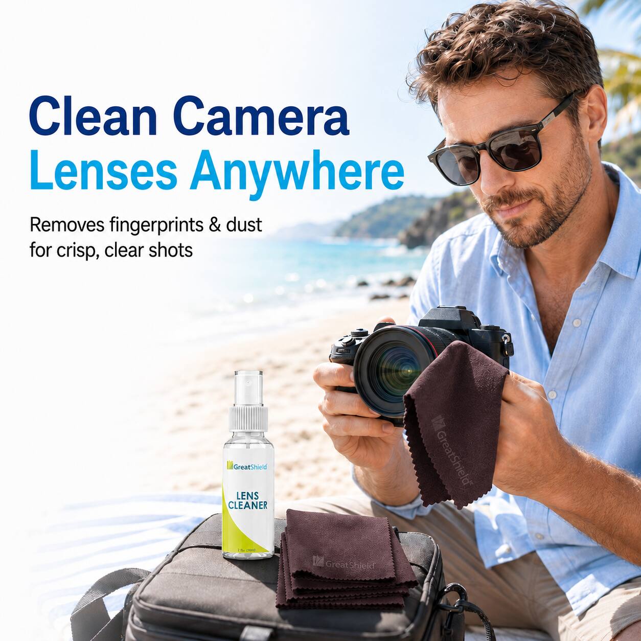 Clean Camera Lenses Anywhere  
Removes fingerprints & dust for crisp, clear shots  
GreatShield LENS CLEANER  
GreatShield