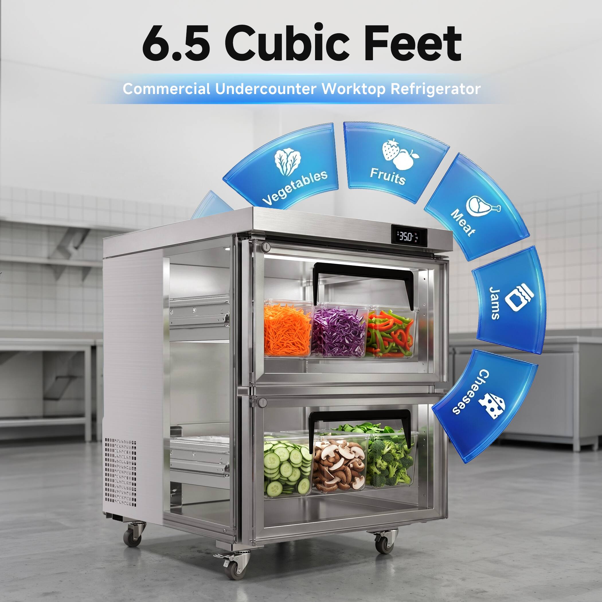 6.5 Cubic Feet Commercial Undercounter Worktop Refrigerator

- Vegetables
- Fruits
- Meat
- Jams
- Cheeses