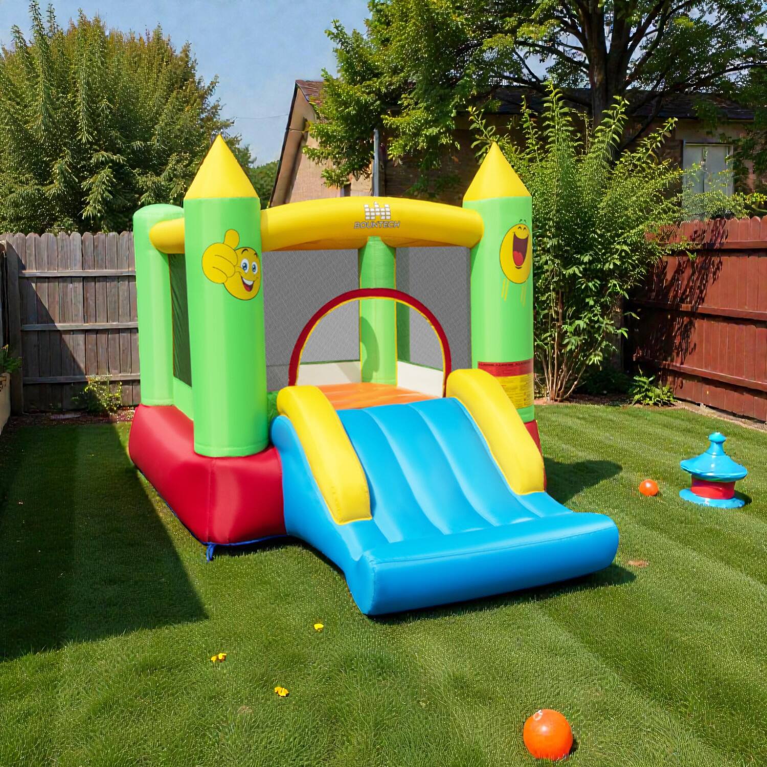Front. BreeBe - 480W Inflatable Jumping Castle with Slide for Kids’ Indoor & Outdoor Fun - Multicolor.