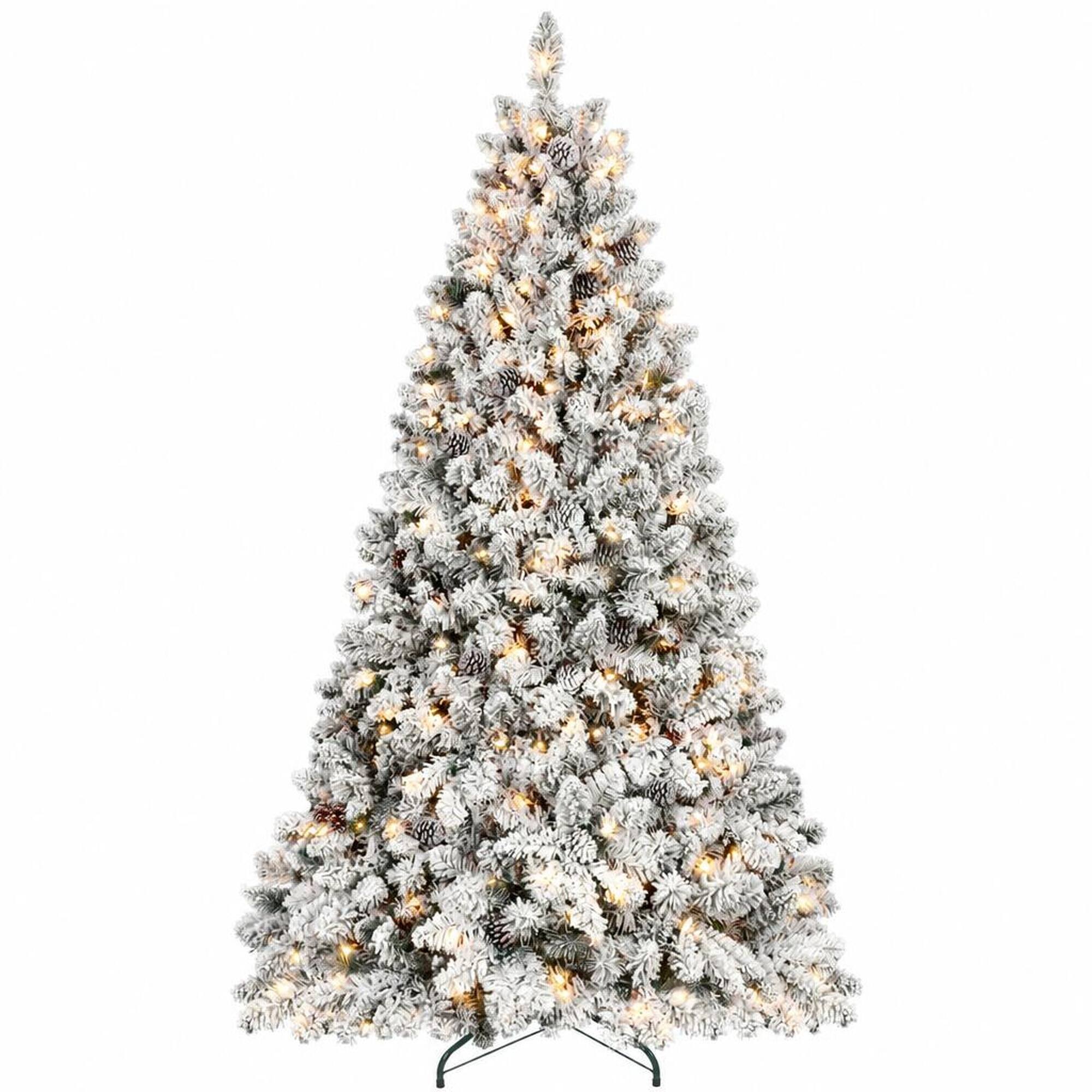 Front. RYHNUYNE - 4.5FT Flocked Pre-Lit Christmas Tree With 250 Lights and 24 Pine Cones, 498 Snowy Tips and Metal Stand - Green,White.