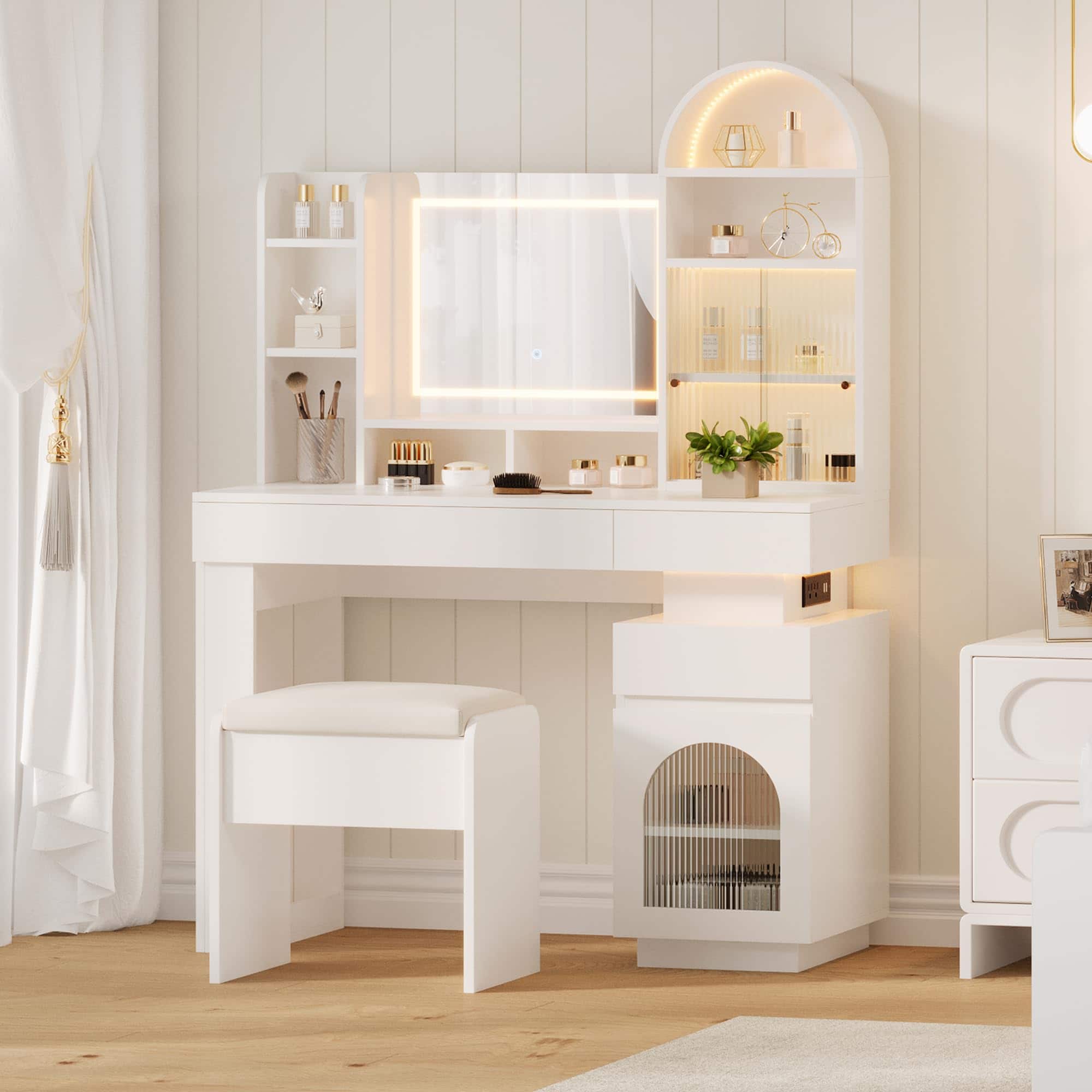 Jojoka - Arched Vanity Desk with Lighted Mirror & Stool, Makeup Table with 3 Drawers, 11 Shelves, Outlet & LED Light Strip - White
